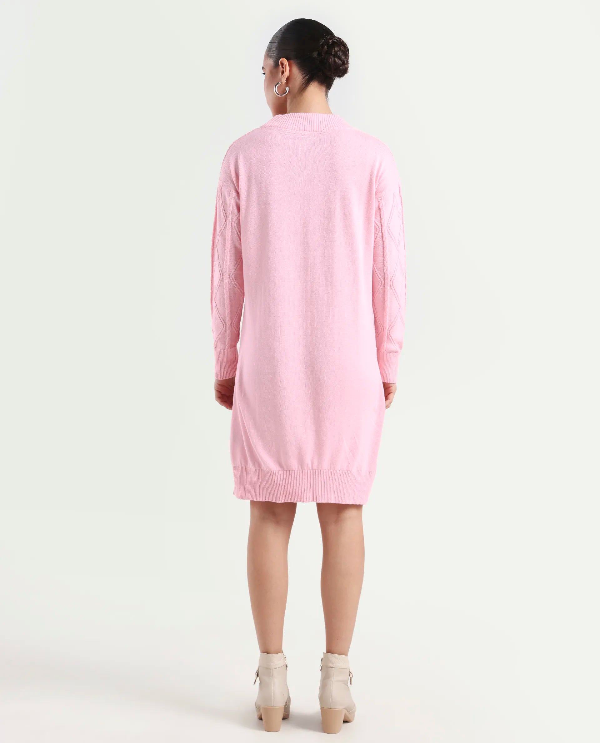 Rareism Women's Budd Light Pink Cotton Crew Neck Plain Knee Length Regular Fit Sweater