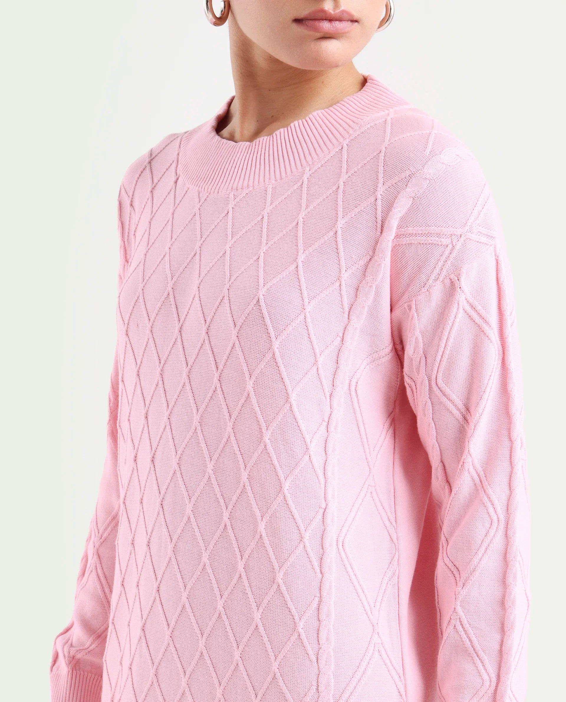 Rareism Women's Budd Light Pink Cotton Crew Neck Plain Knee Length Regular Fit Sweater