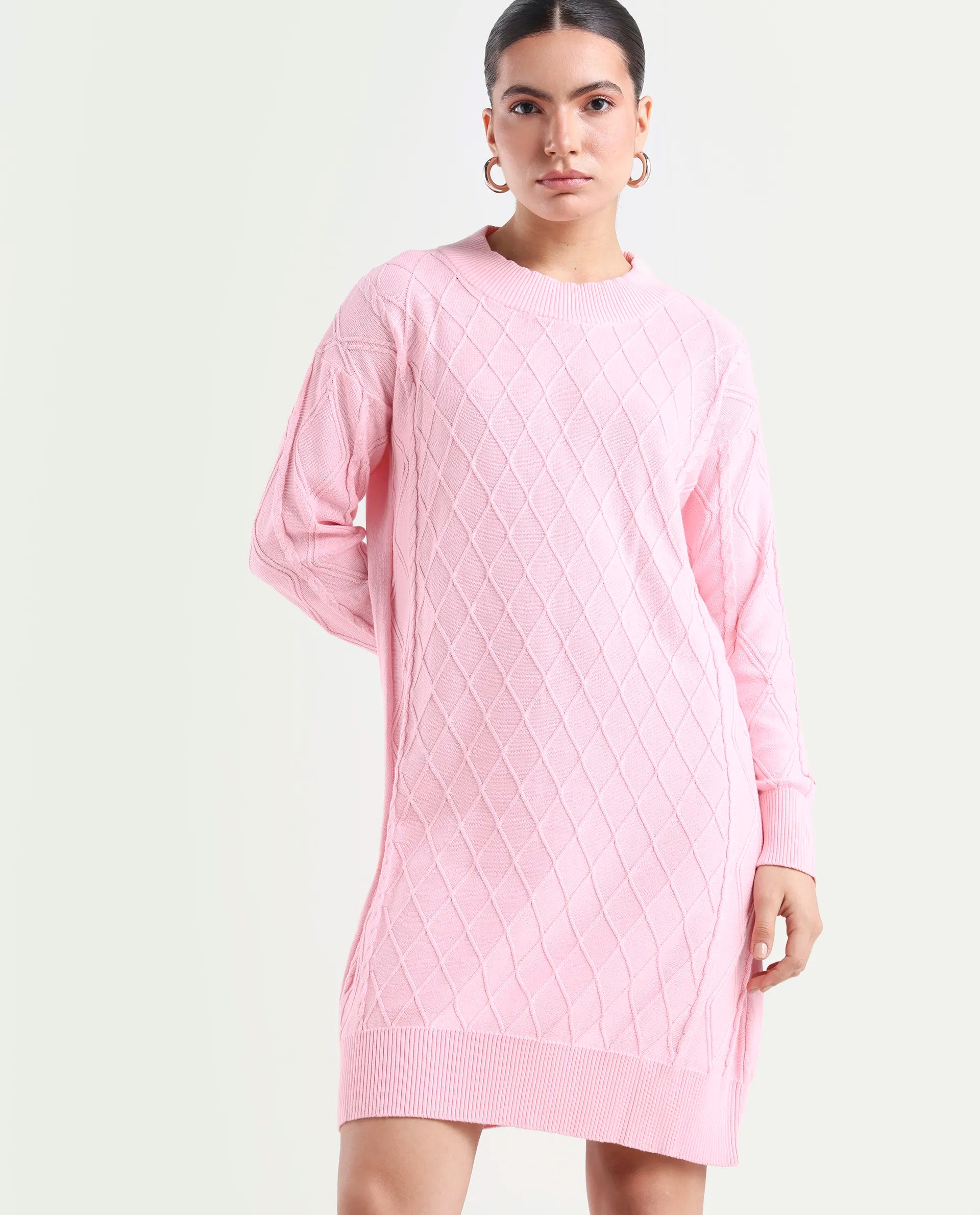 Rareism Women's Budd Light Pink Cotton Crew Neck Plain Knee Length Regular Fit Sweater