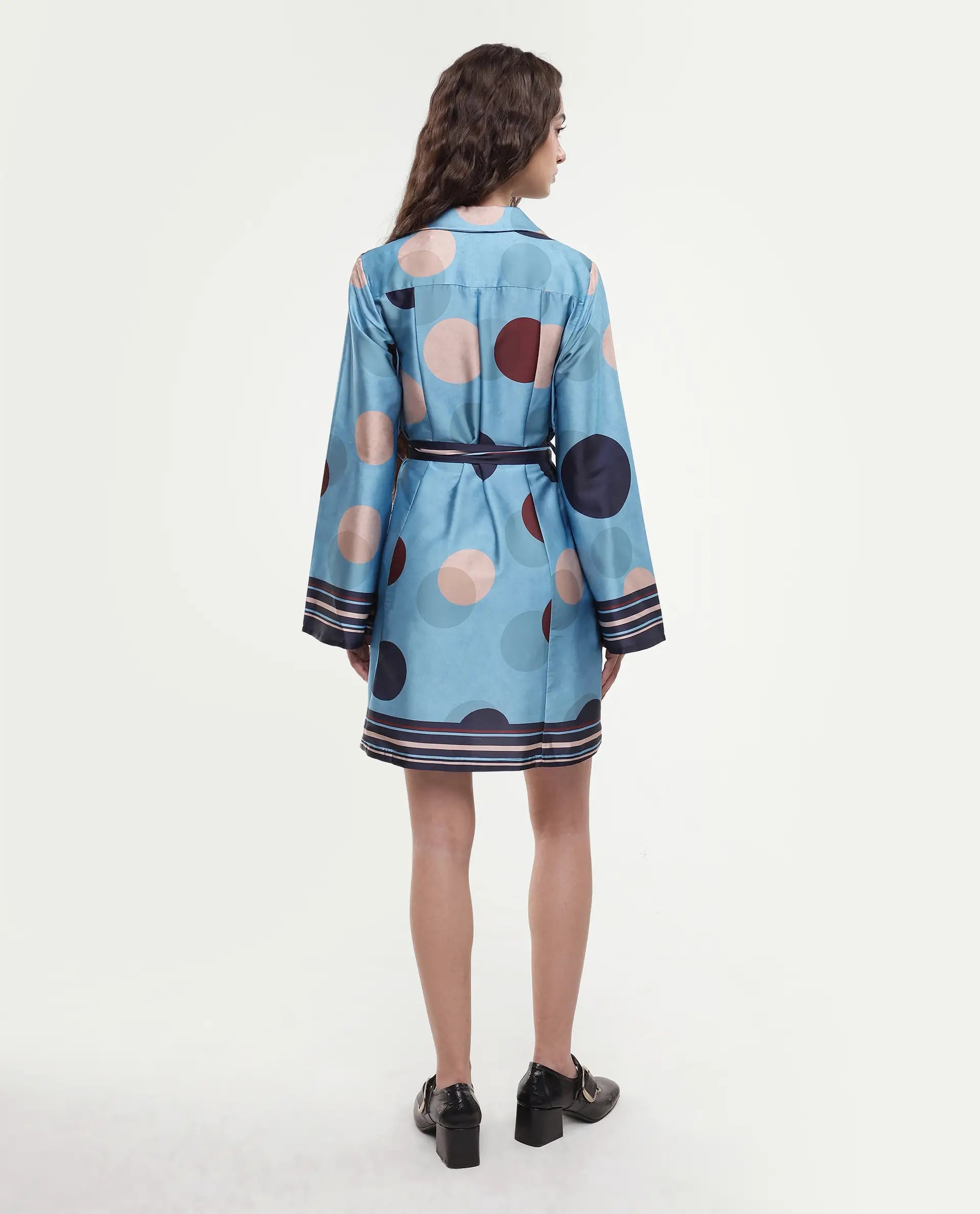 Rareism Women's Buffe Dusky Blue Polyester Lapel Neck Polka Print Bell Sleeve Mini Regular Fit Dress