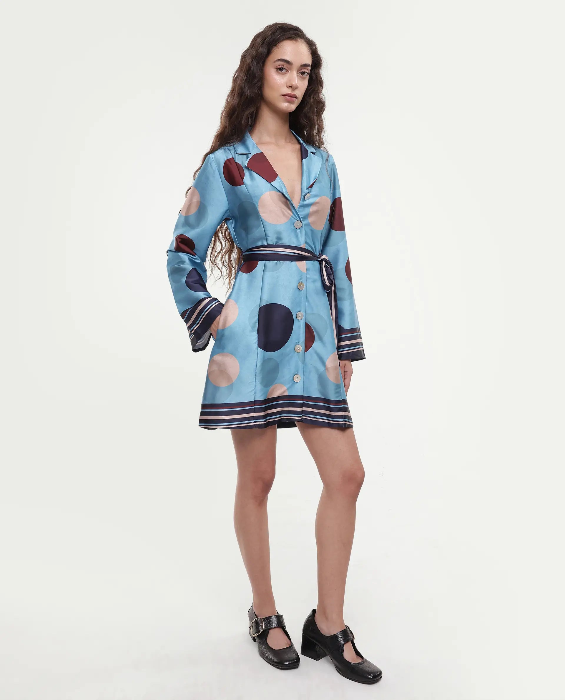 Rareism Women's Buffe Dusky Blue Polyester Lapel Neck Polka Print Bell Sleeve Mini Regular Fit Dress