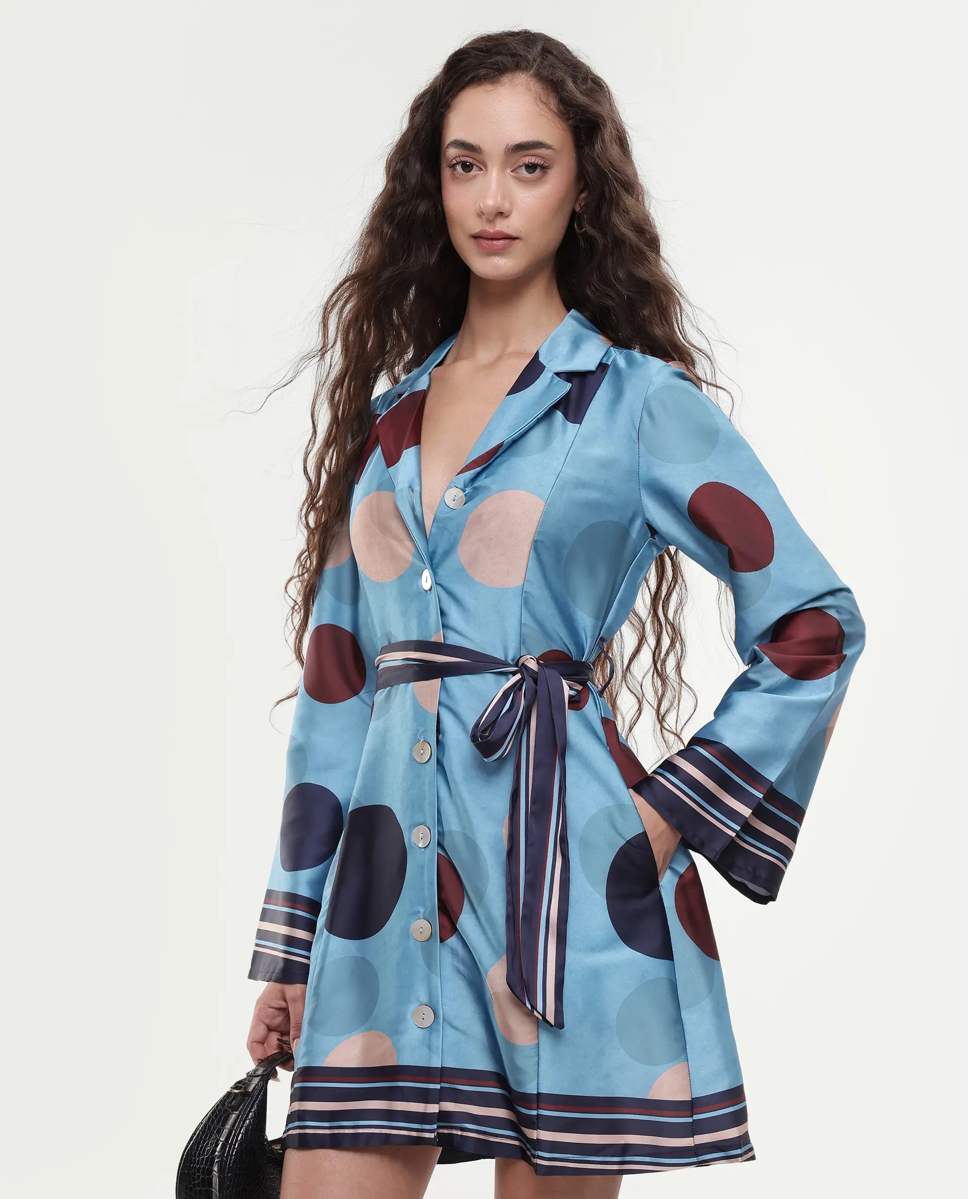 Rareism Women's Buffe Dusky Blue Polyester Lapel Neck Polka Print Bell Sleeve Mini Regular Fit Dress