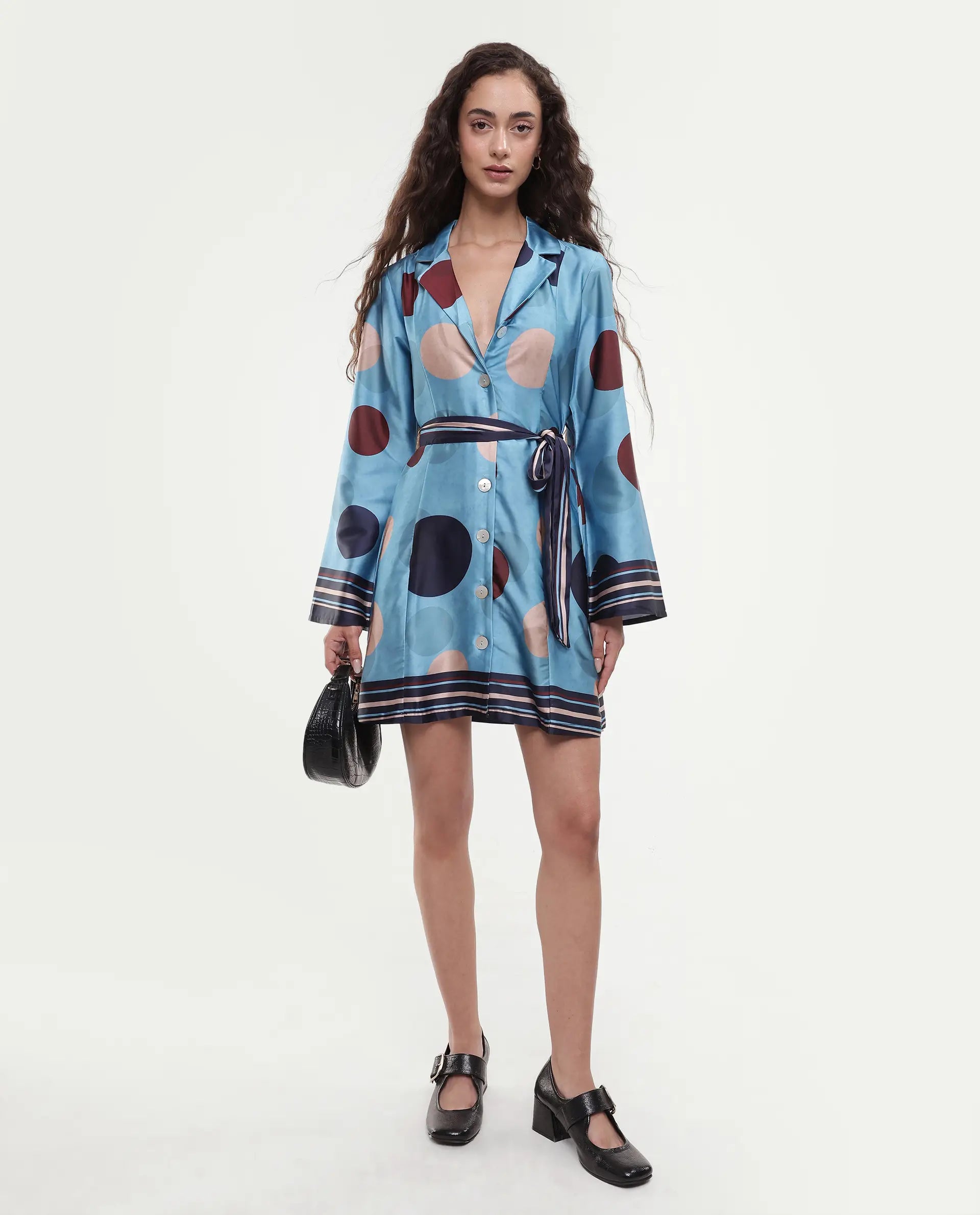 Rareism Women's Buffe Dusky Blue Polyester Lapel Neck Polka Print Bell Sleeve Mini Regular Fit Dress
