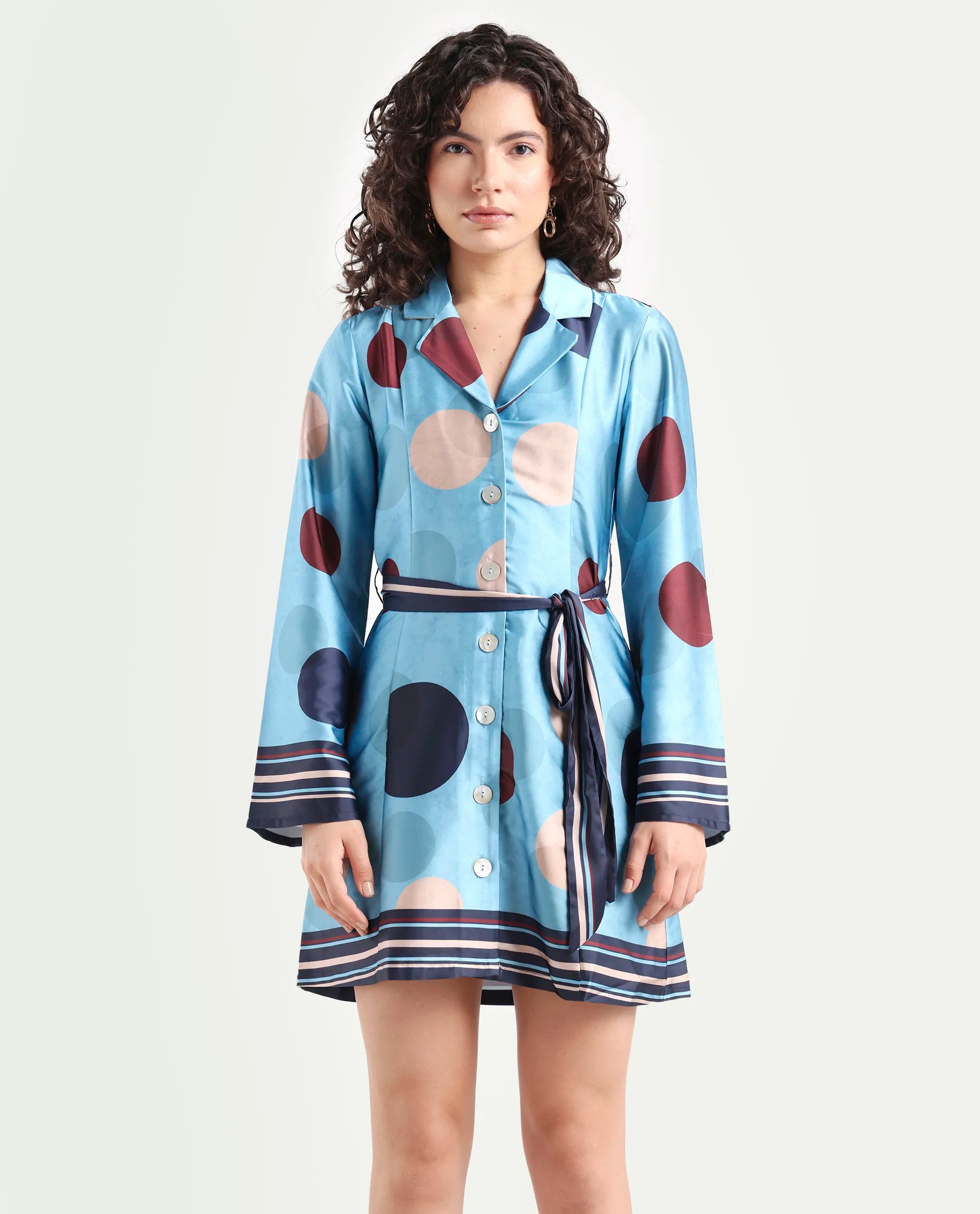 Rareism Women's Buffe Dusky Blue Polyester Lapel Neck Polka Print Bell Sleeve Mini Regular Fit Dress