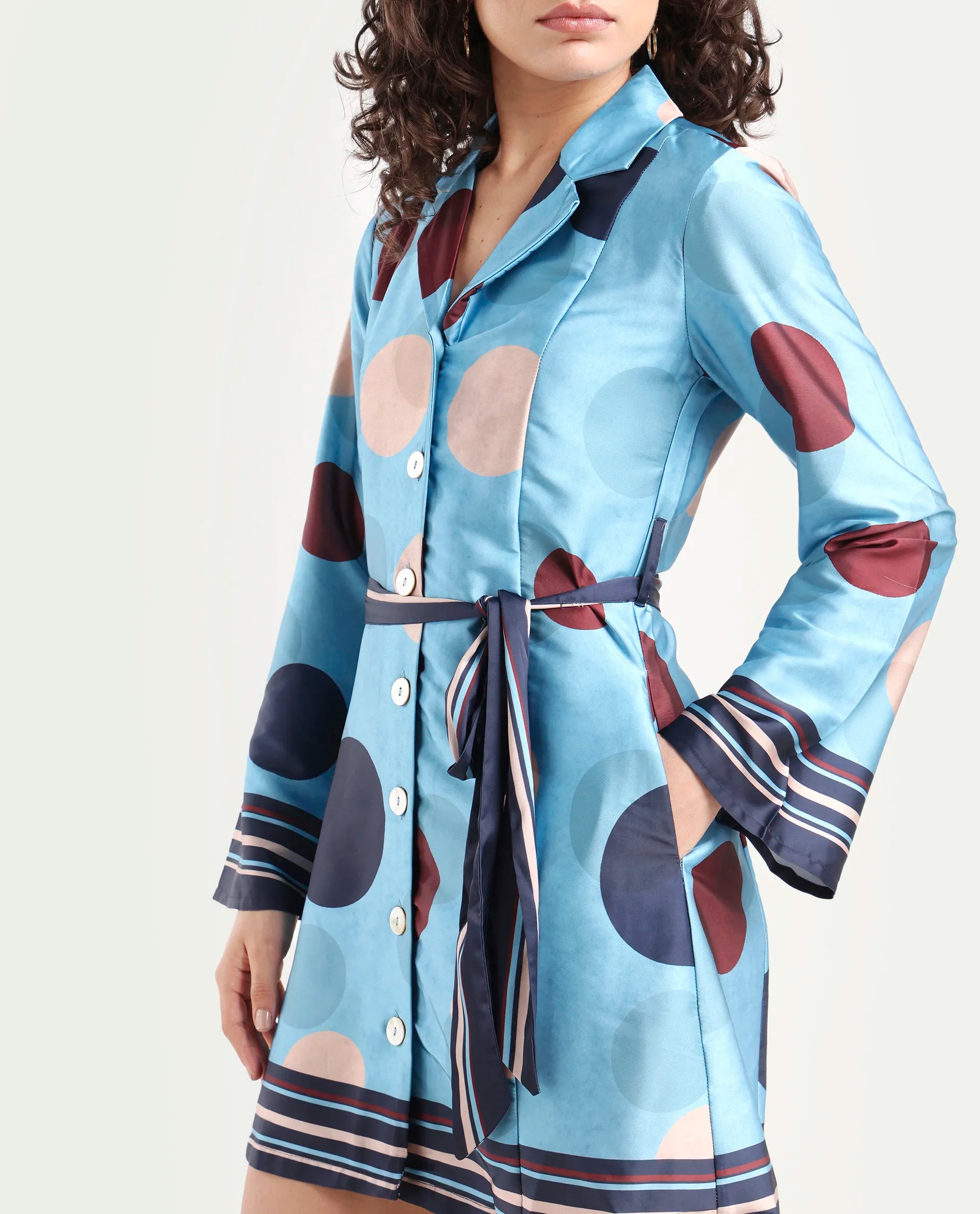 Rareism Women's Buffe Dusky Blue Polyester Lapel Neck Polka Print Bell Sleeve Mini Regular Fit Dress