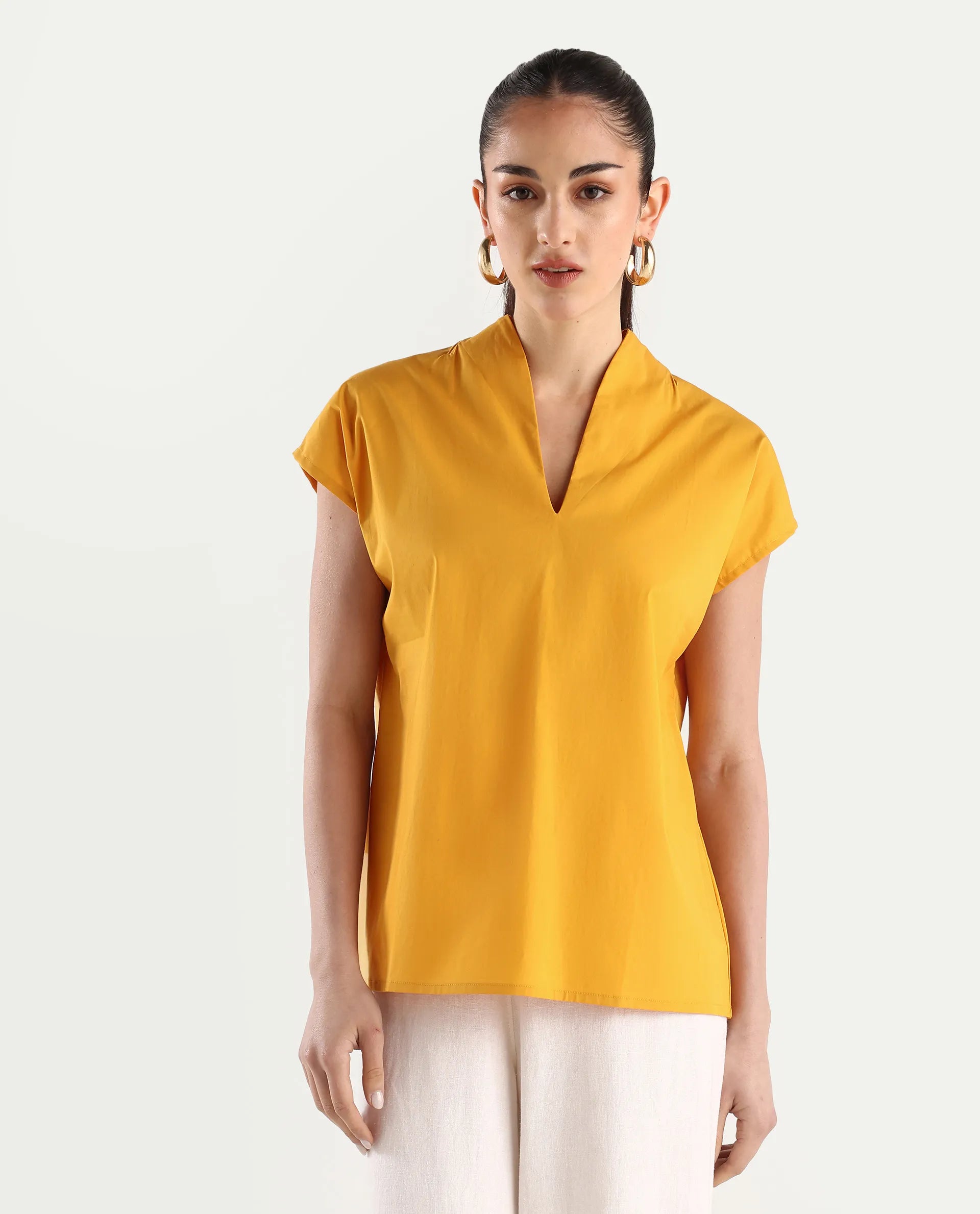 Rareism Women's Buijit Yellow Polyester Blend V-Neck Plain Extended Sleeves Regular Fit Top