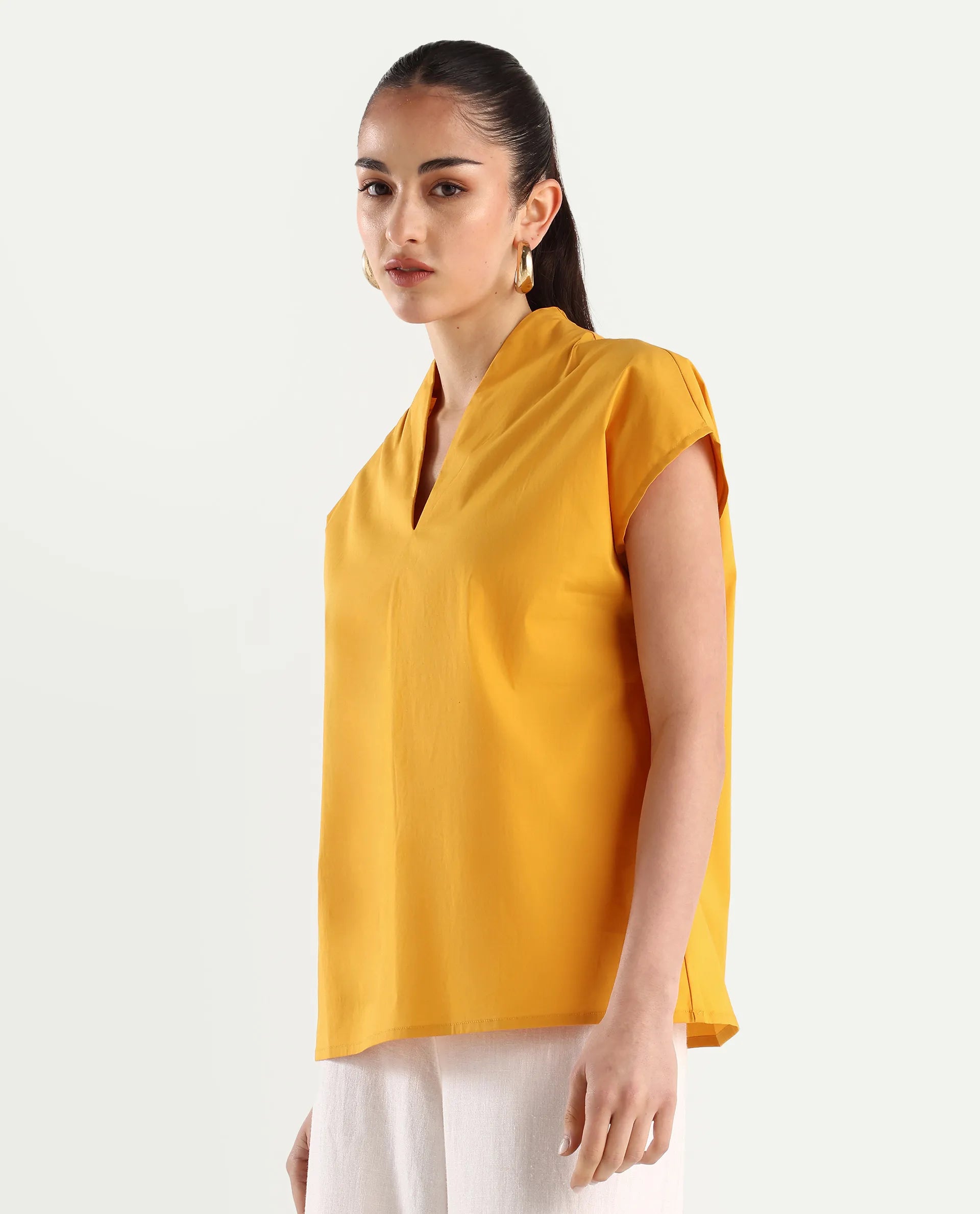 Rareism Women's Buijit Yellow Polyester Blend V-Neck Plain Extended Sleeves Regular Fit Top