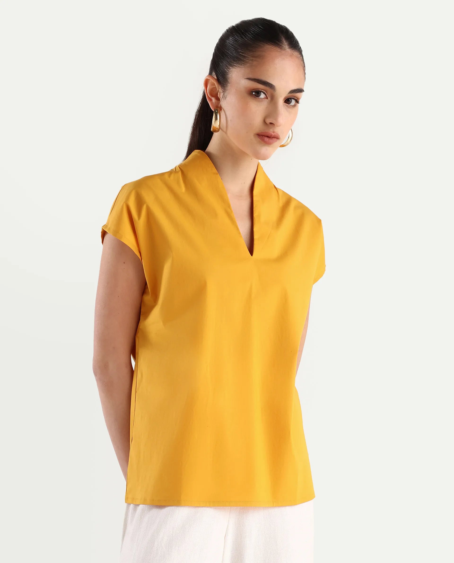 Rareism Women's Buijit Yellow Polyester Blend V-Neck Plain Extended Sleeves Regular Fit Top