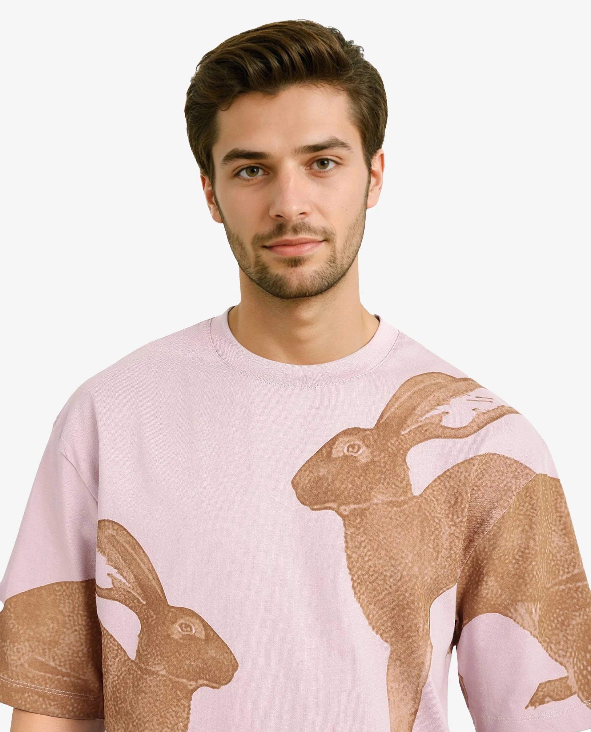 Rare Rabbit Men Bunn Dusky Pink Short Sleeve Crew Neck Oversized Fit Graphic Print T-Shirt