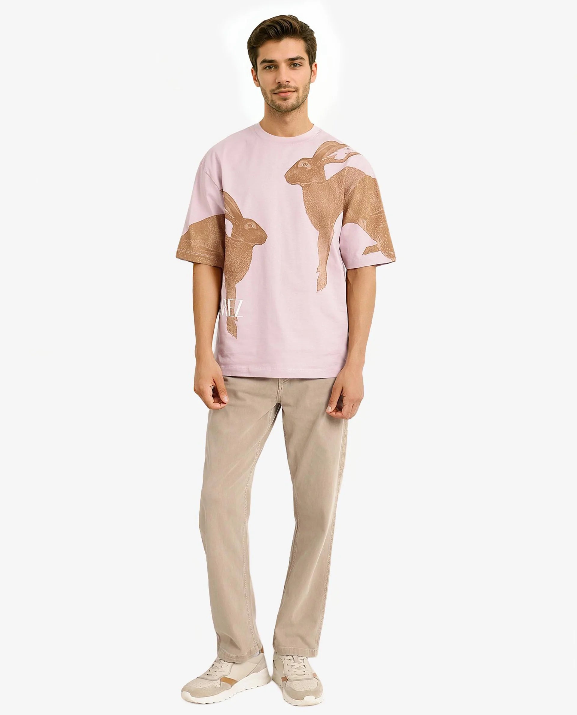 Rare Rabbit Men Bunn Dusky Pink Short Sleeve Crew Neck Oversized Fit Graphic Print T-Shirt