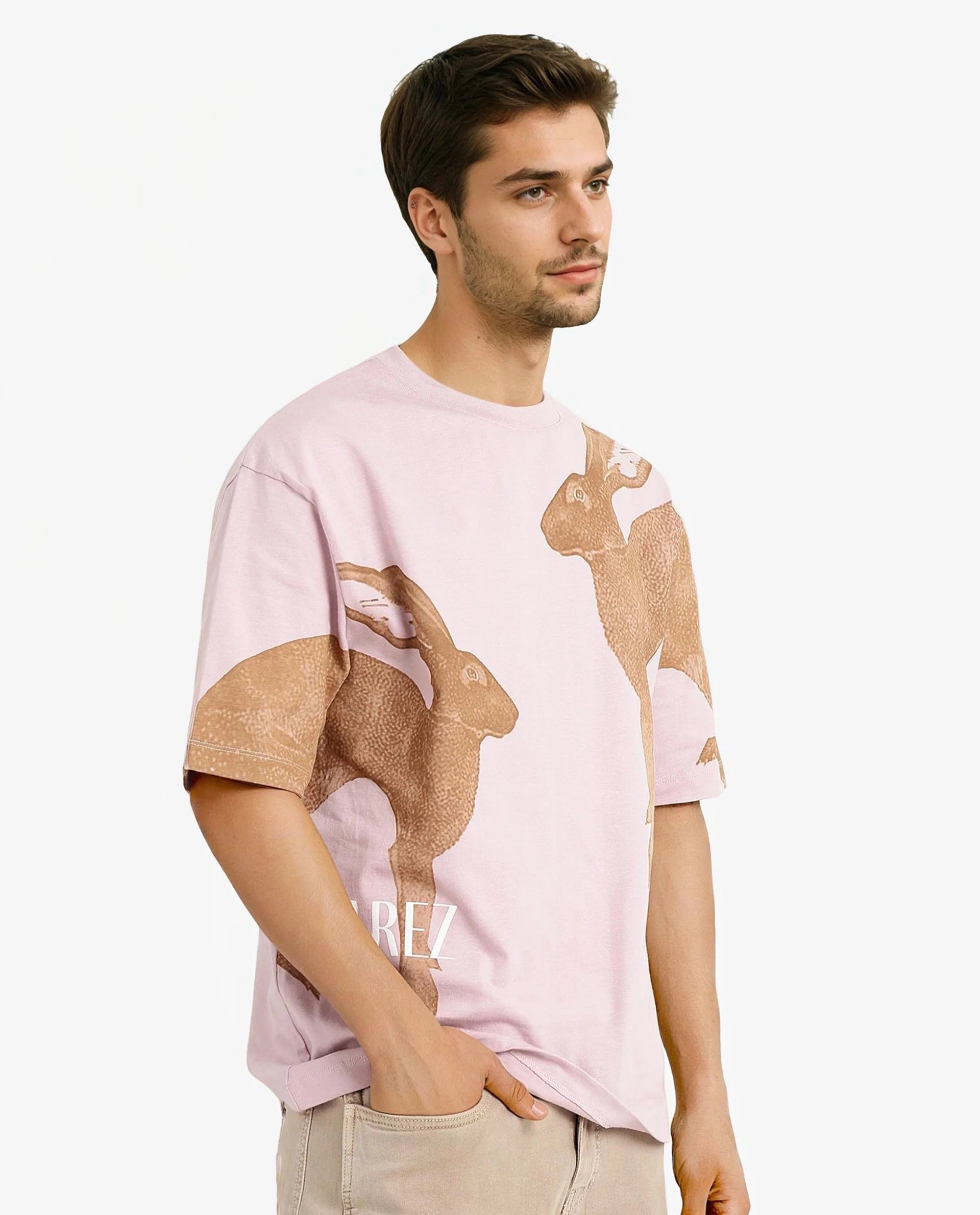 Rare Rabbit Men Bunn Dusky Pink Short Sleeve Crew Neck Oversized Fit Graphic Print T-Shirt
