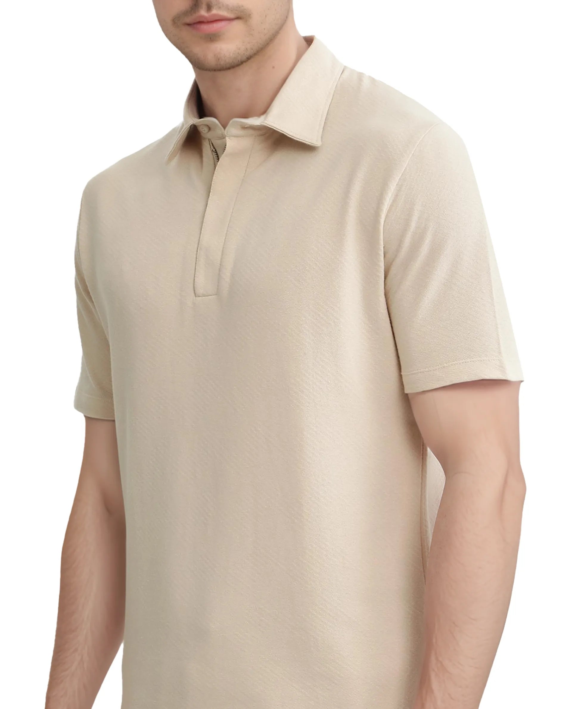 Rare Rabbit Men Caben Light Beige Cotton Fabric Zipper Closure Half Sleeve Tonal Jacquard Polo T-Shirt