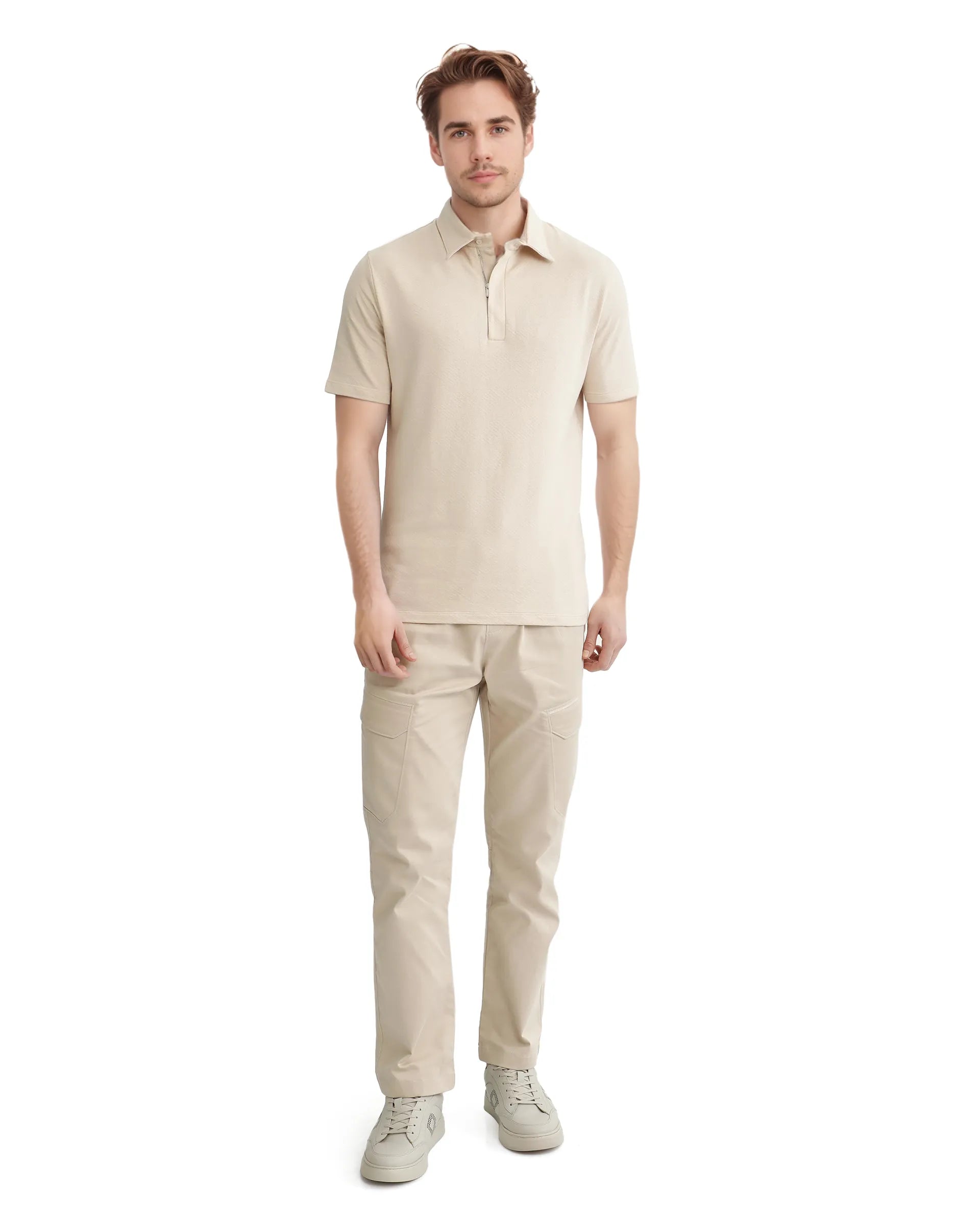 Rare Rabbit Men Caben Light Beige Cotton Fabric Zipper Closure Half Sleeve Tonal Jacquard Polo T-Shirt