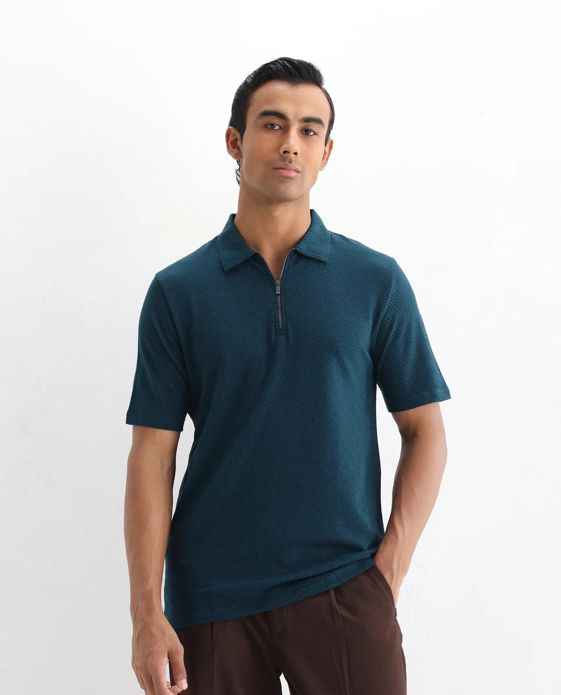 Rare Rabbit Men's Cabetta Navy Cotton Jacquard Regular Fit Half Sleeve Polo