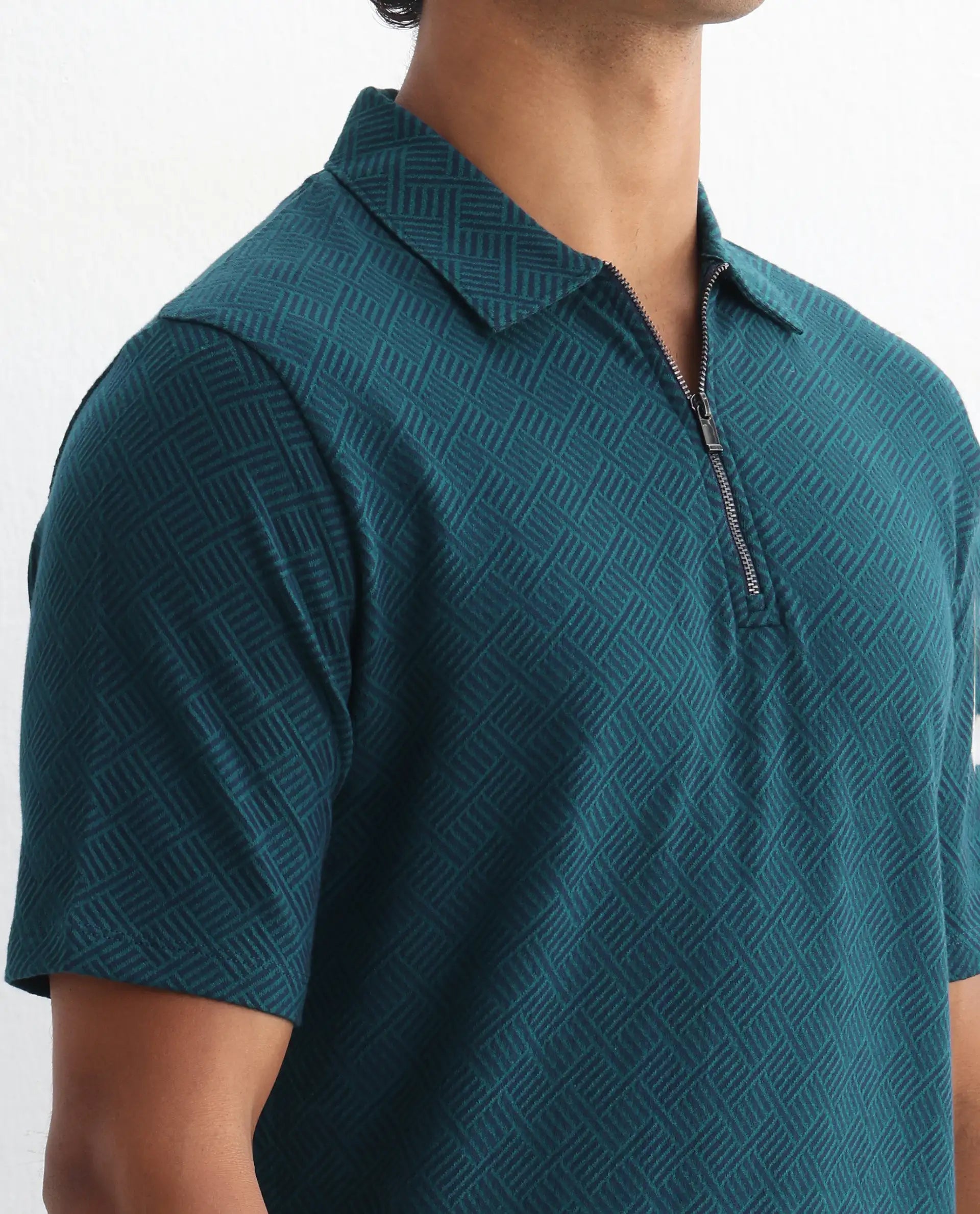 Rare Rabbit Men's Cabetta Navy Cotton Jacquard Regular Fit Half Sleeve Polo