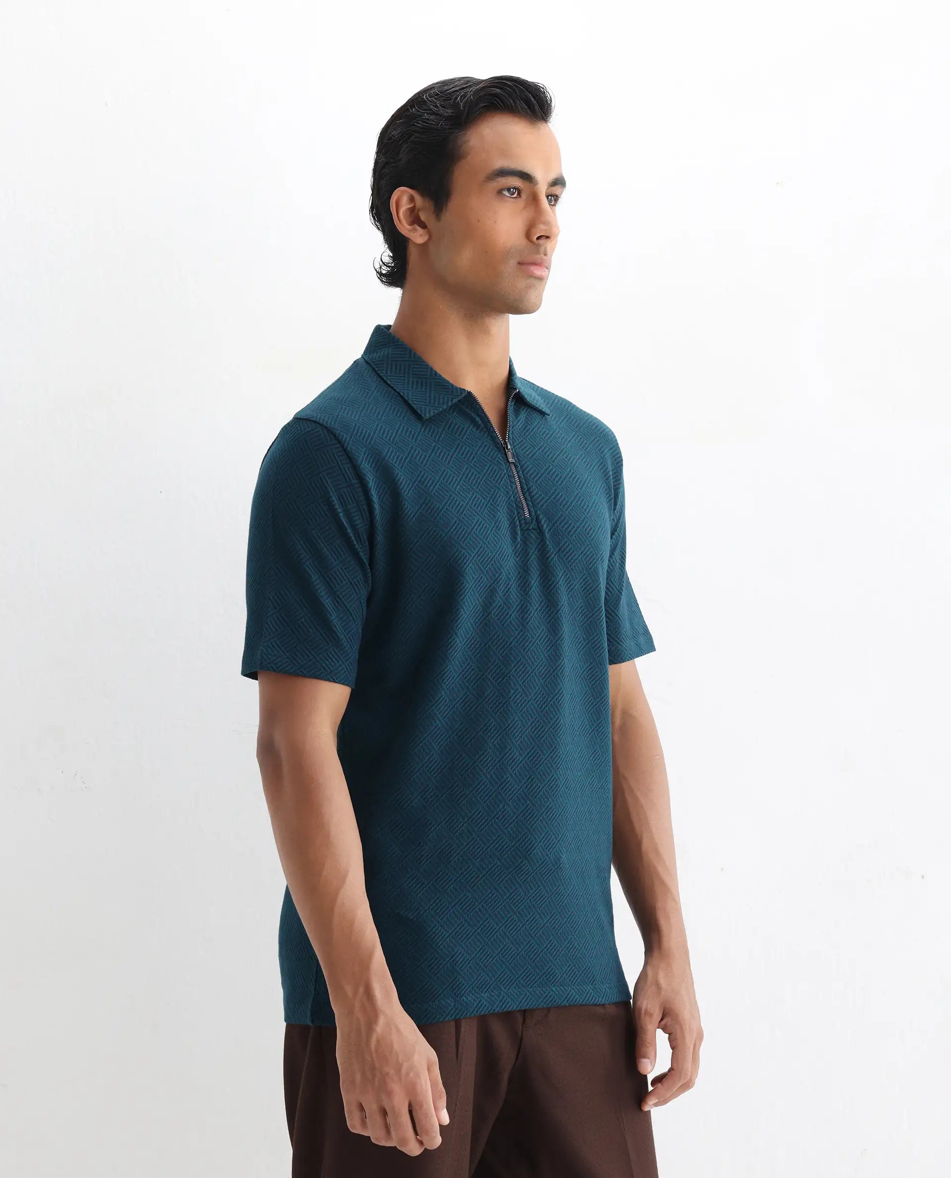 Rare Rabbit Men's Cabetta Navy Cotton Jacquard Regular Fit Half Sleeve Polo