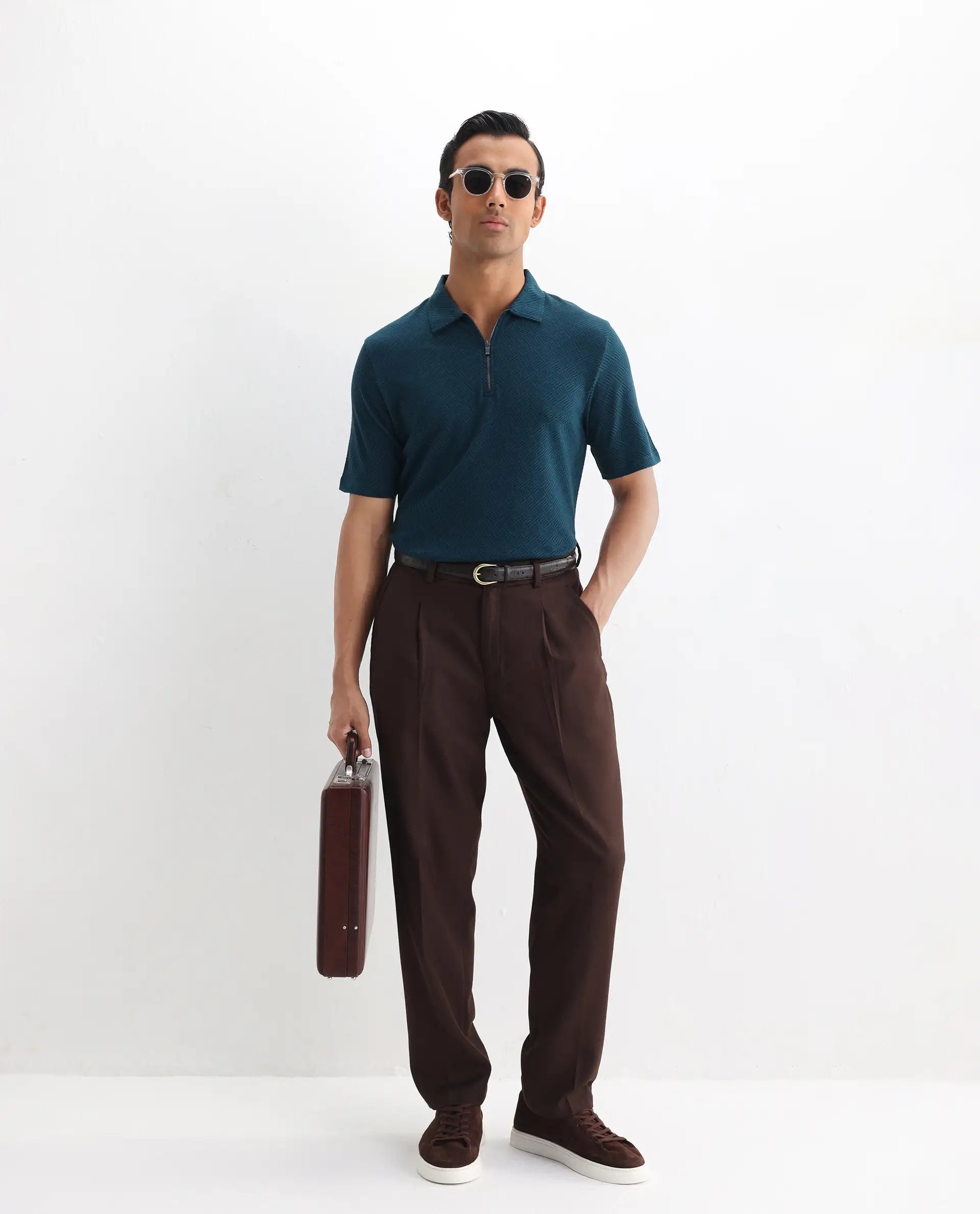 Rare Rabbit Men's Cabetta Navy Cotton Jacquard Regular Fit Half Sleeve Polo