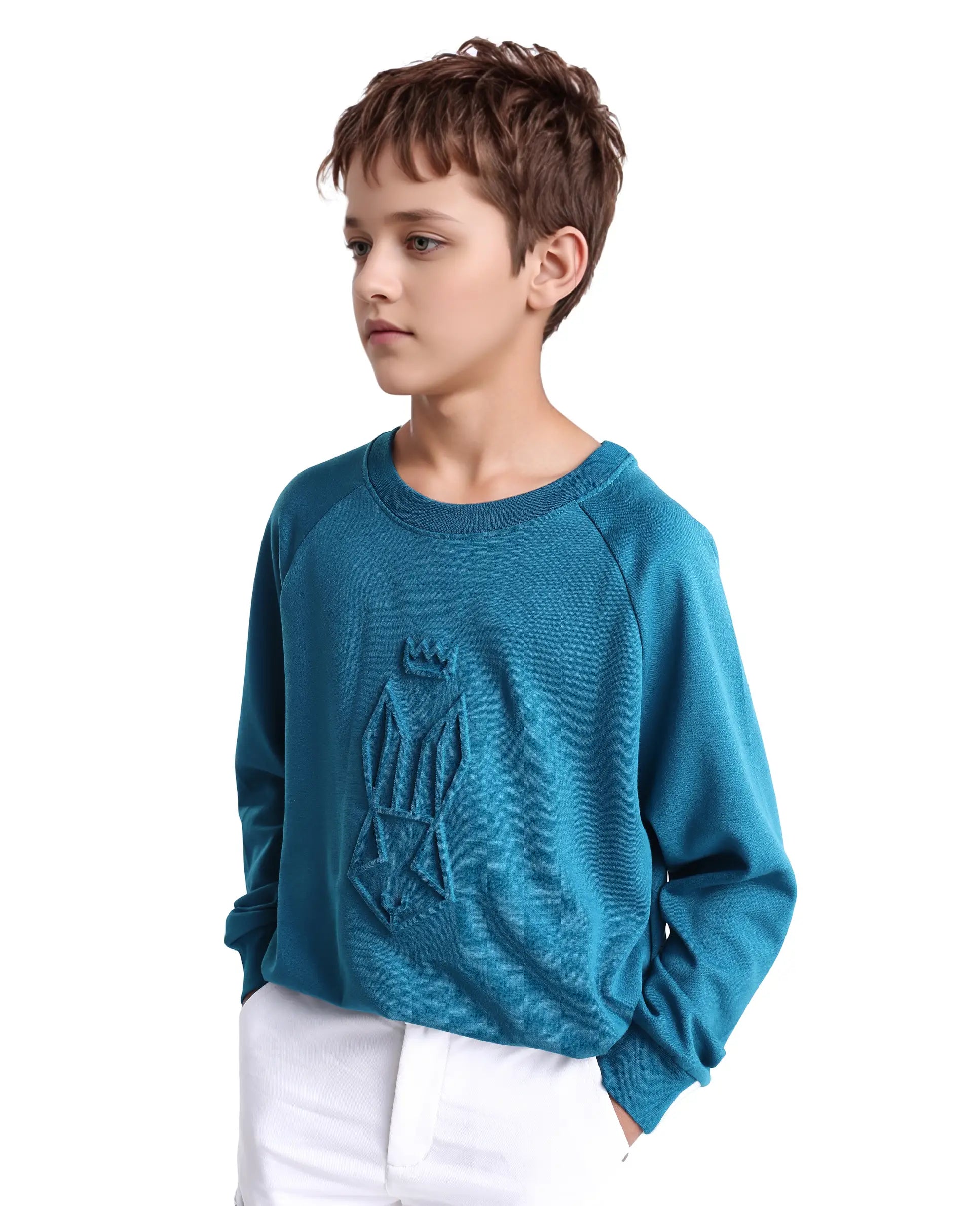 Rare Ones Kids Cadi Teal Cotton Blend Full Sleeves Embossed Oversized Sweatshirt
