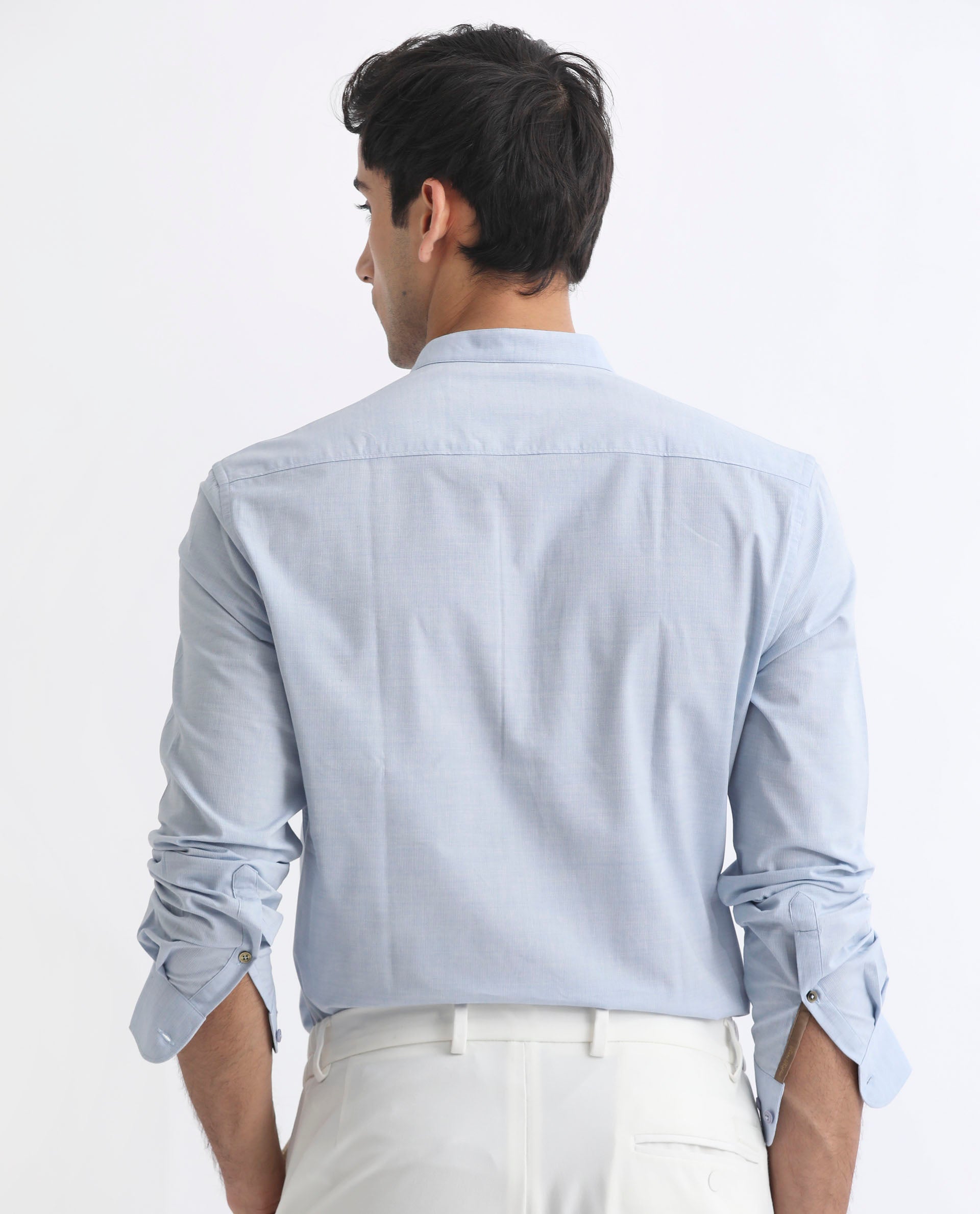 Rare Rabbit Men's Cadmi Light Blue Dobby Fabric Mandarin Collar Full Sleeves Solid Shirt