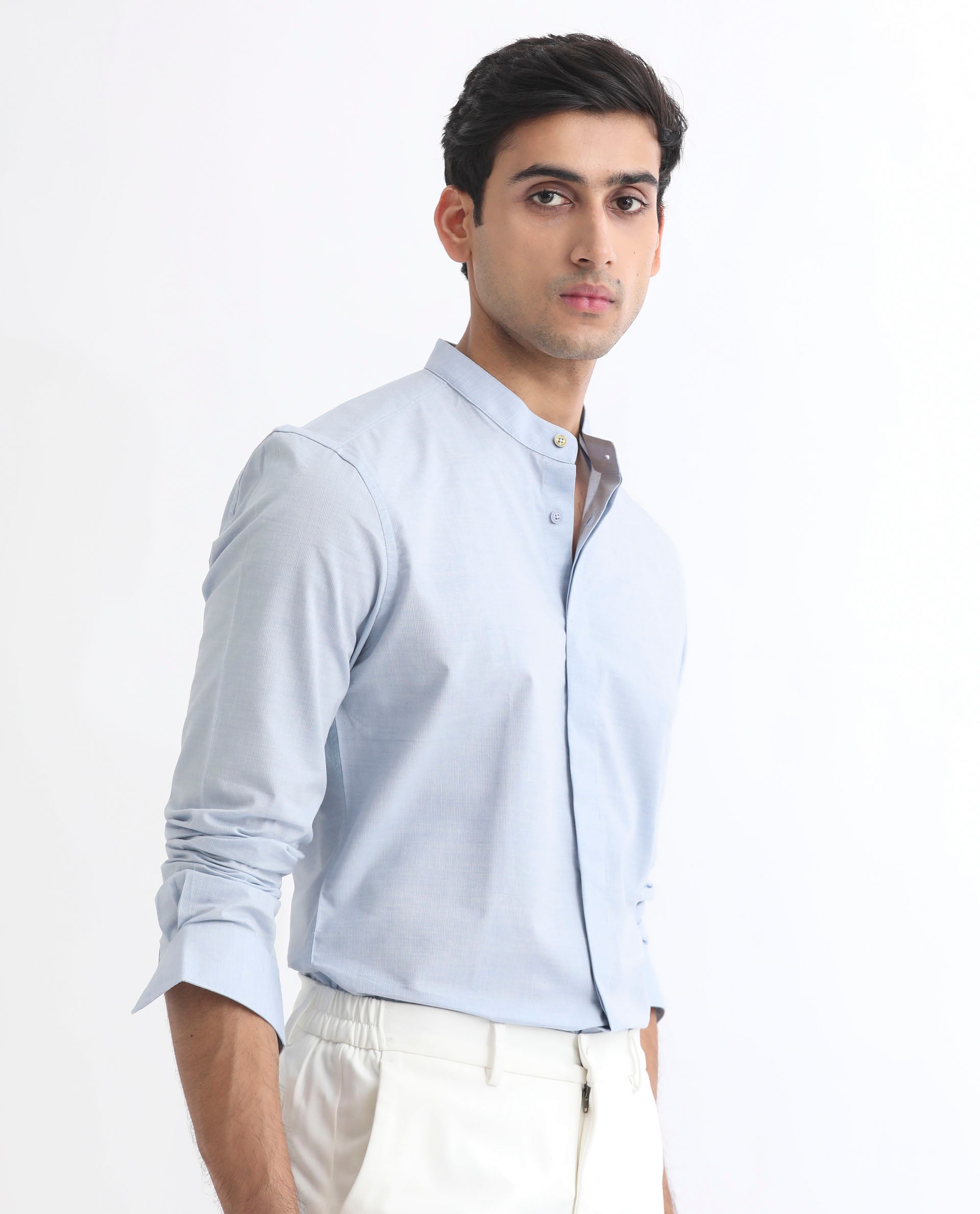 Rare Rabbit Men's Cadmi Light Blue Dobby Fabric Mandarin Collar Full Sleeves Solid Shirt