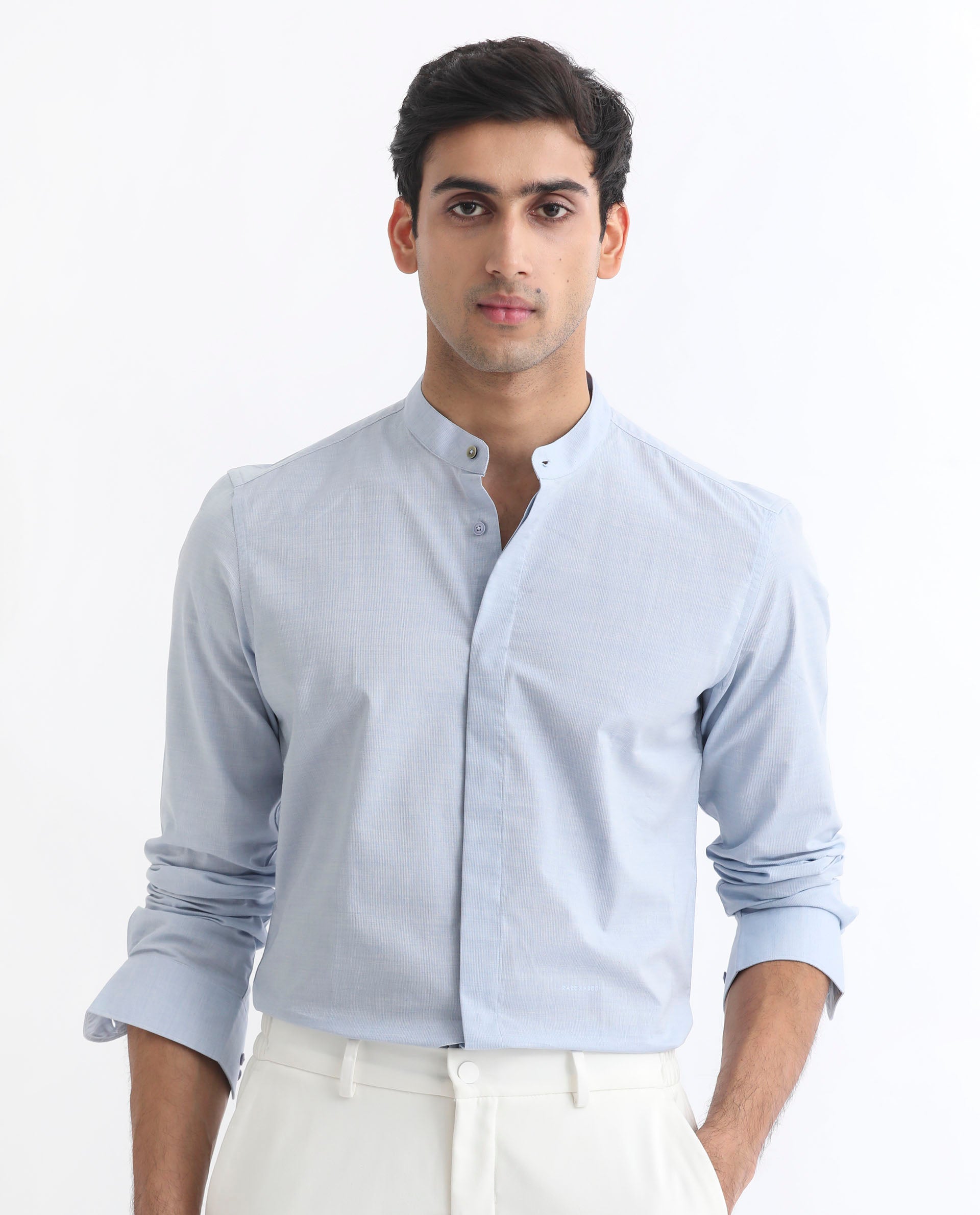 Rare Rabbit Men's Cadmi Light Blue Dobby Fabric Mandarin Collar Full Sleeves Solid Shirt