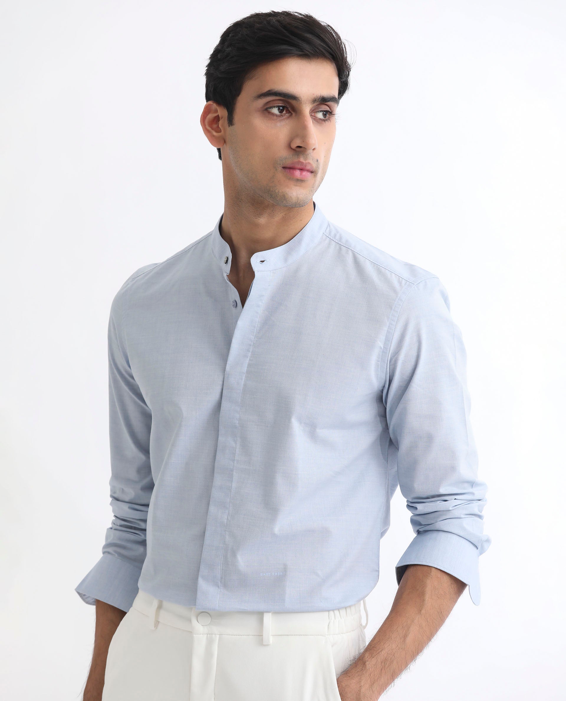 Rare Rabbit Men's Cadmi Light Blue Dobby Fabric Mandarin Collar Full Sleeves Solid Shirt
