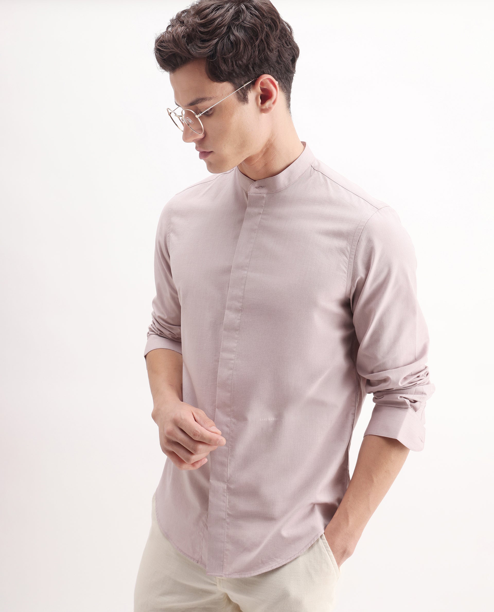 Rare Rabbit Men's Cadmi-25 Pink Cotton Blend Fabric Mandarin Collar Regular Fit Plain Shirt