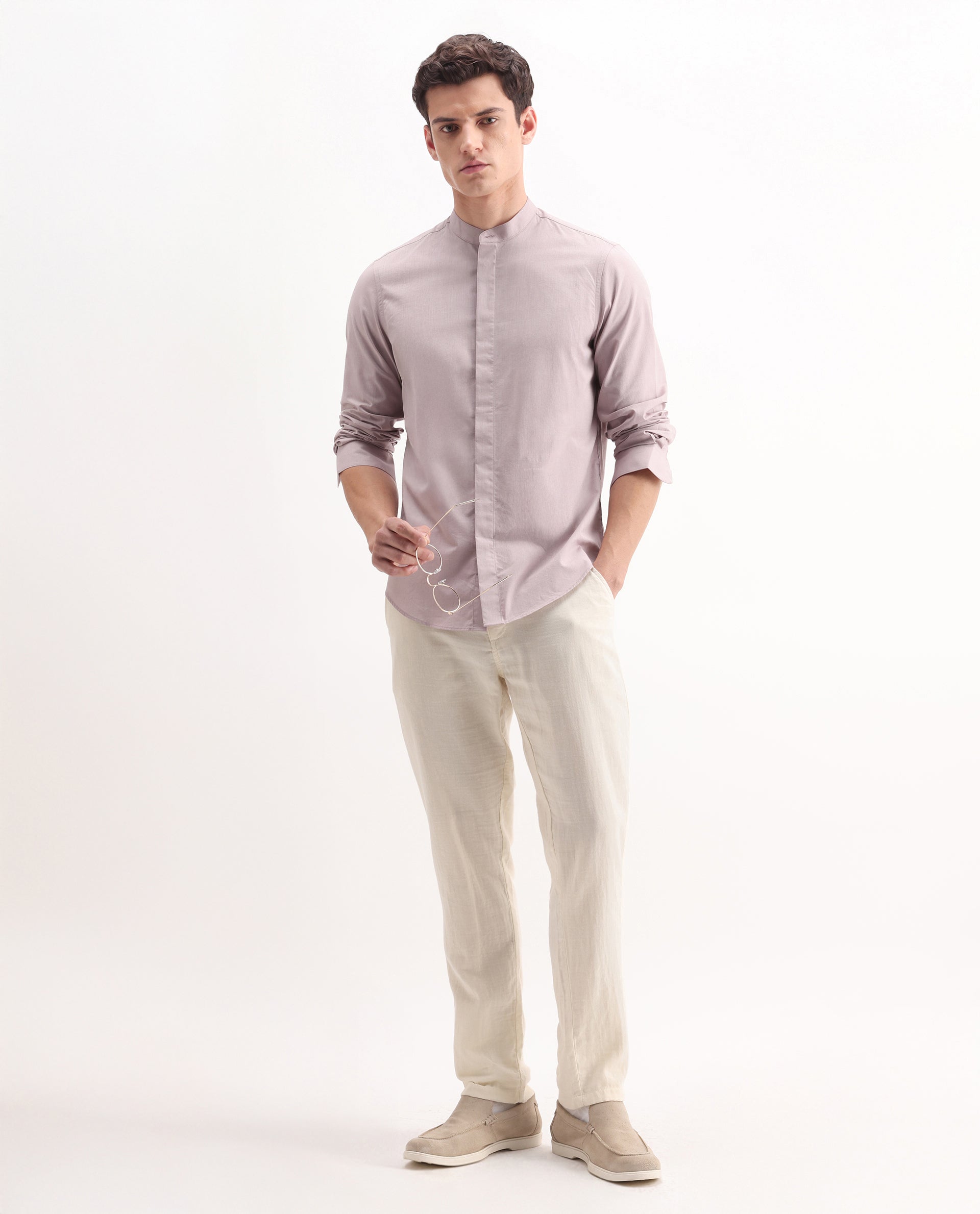 Rare Rabbit Men's Cadmi-25 Pink Cotton Blend Fabric Mandarin Collar Regular Fit Plain Shirt