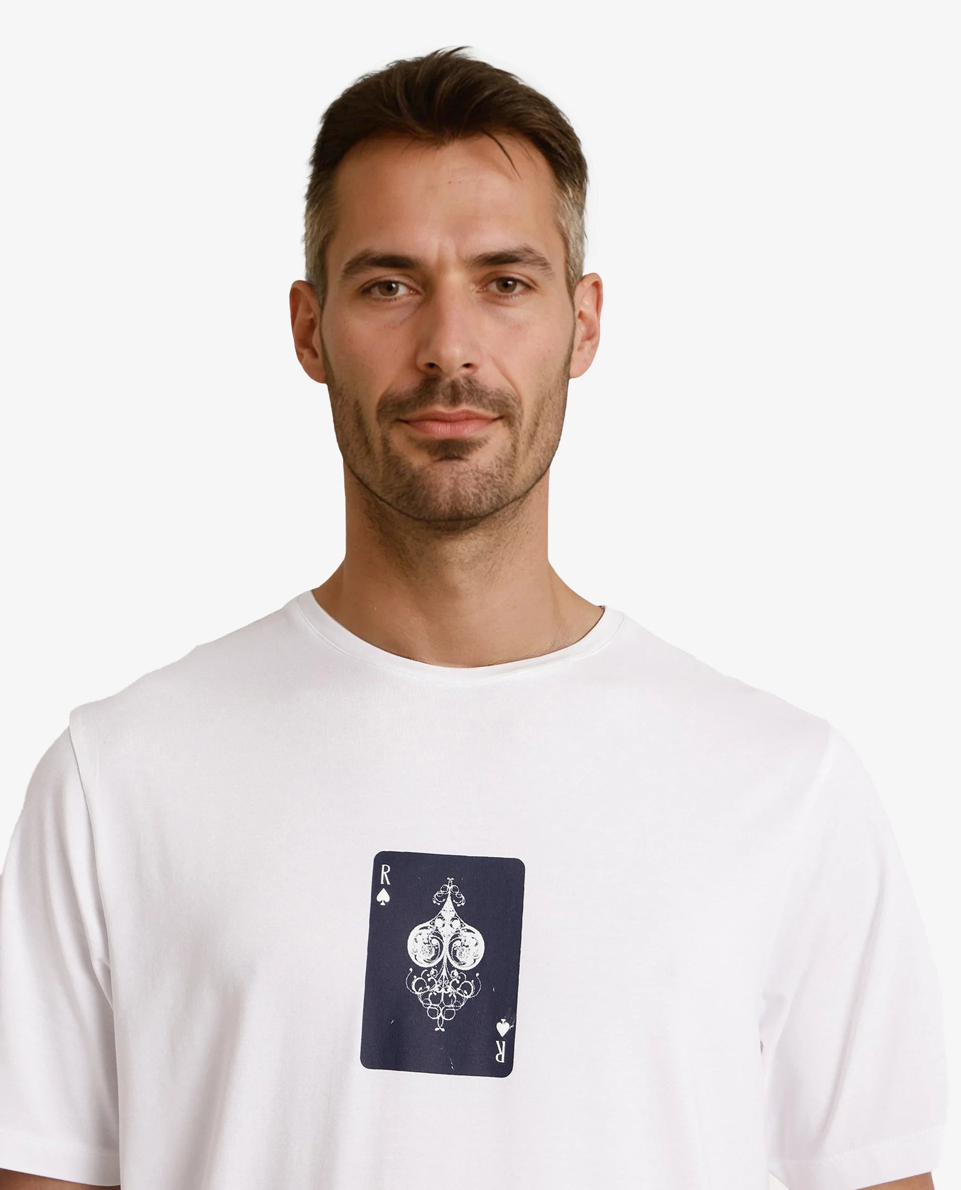 Rare Rabbit Men Caf White Cotton Lycra Fabric Short Sleeve Crew Neck Regular Fit Graphic Print T-Shirt