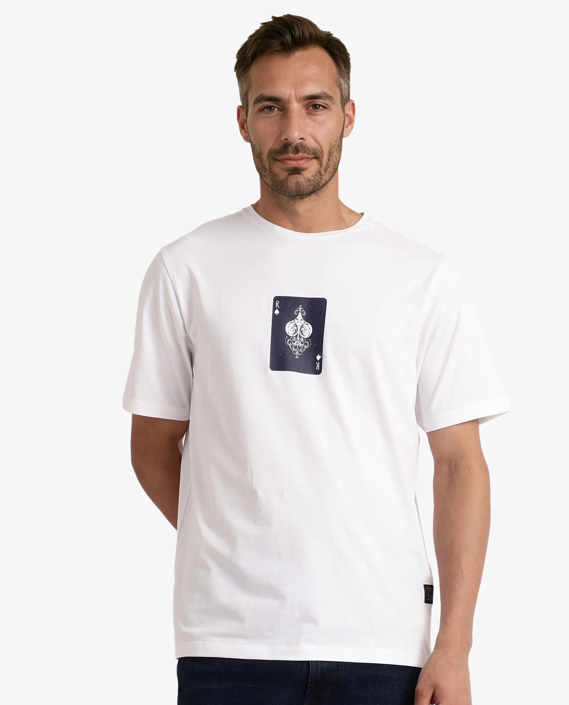 Rare Rabbit Men Caf White Cotton Lycra Fabric Short Sleeve Crew Neck Regular Fit Graphic Print T-Shirt