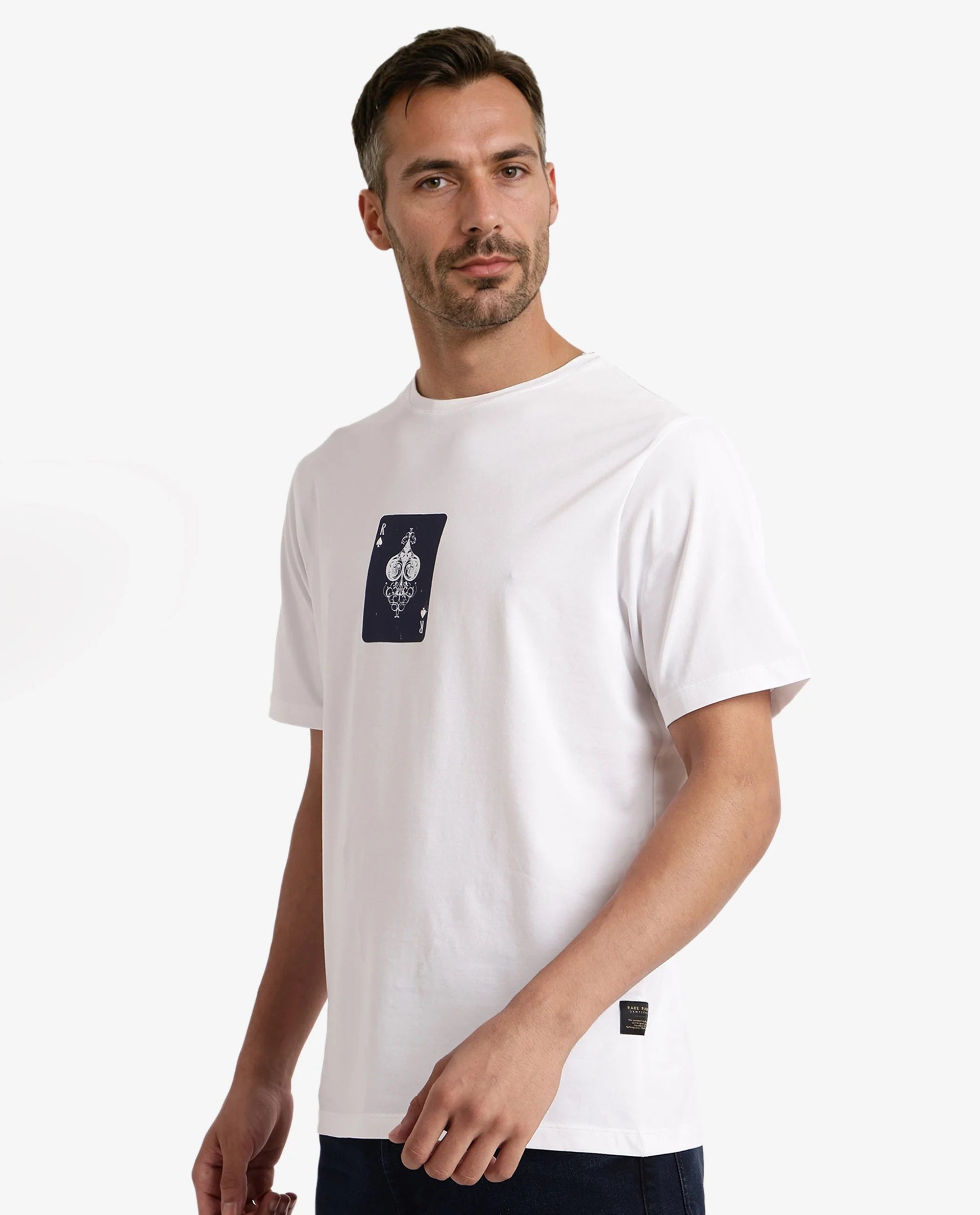 Rare Rabbit Men Caf White Cotton Lycra Fabric Short Sleeve Crew Neck Regular Fit Graphic Print T-Shirt