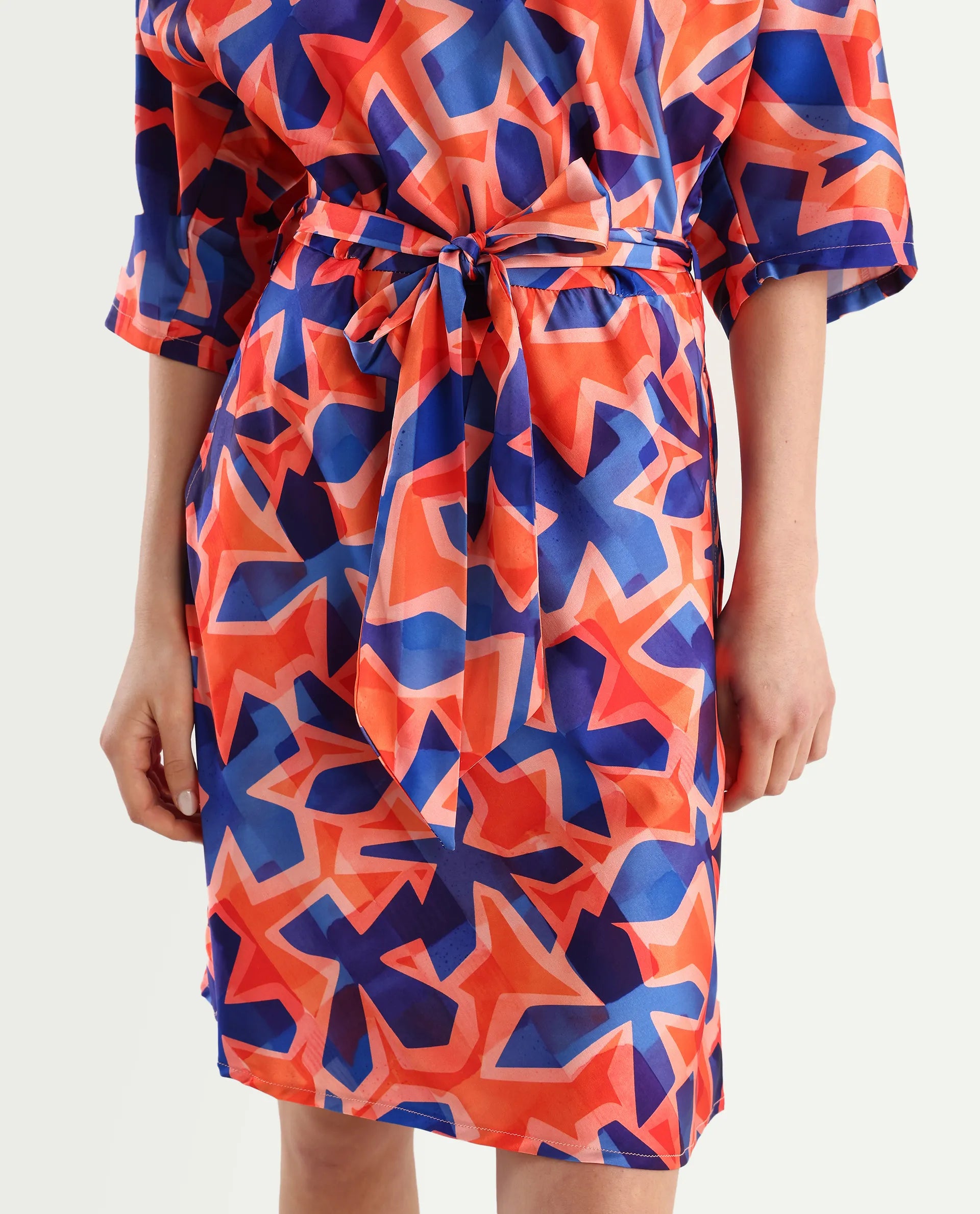 Rareism Women's Cagliari Multi Polyester Cowl Neck Abstract Print Extended Sleeves Mini Regular Fit Dress