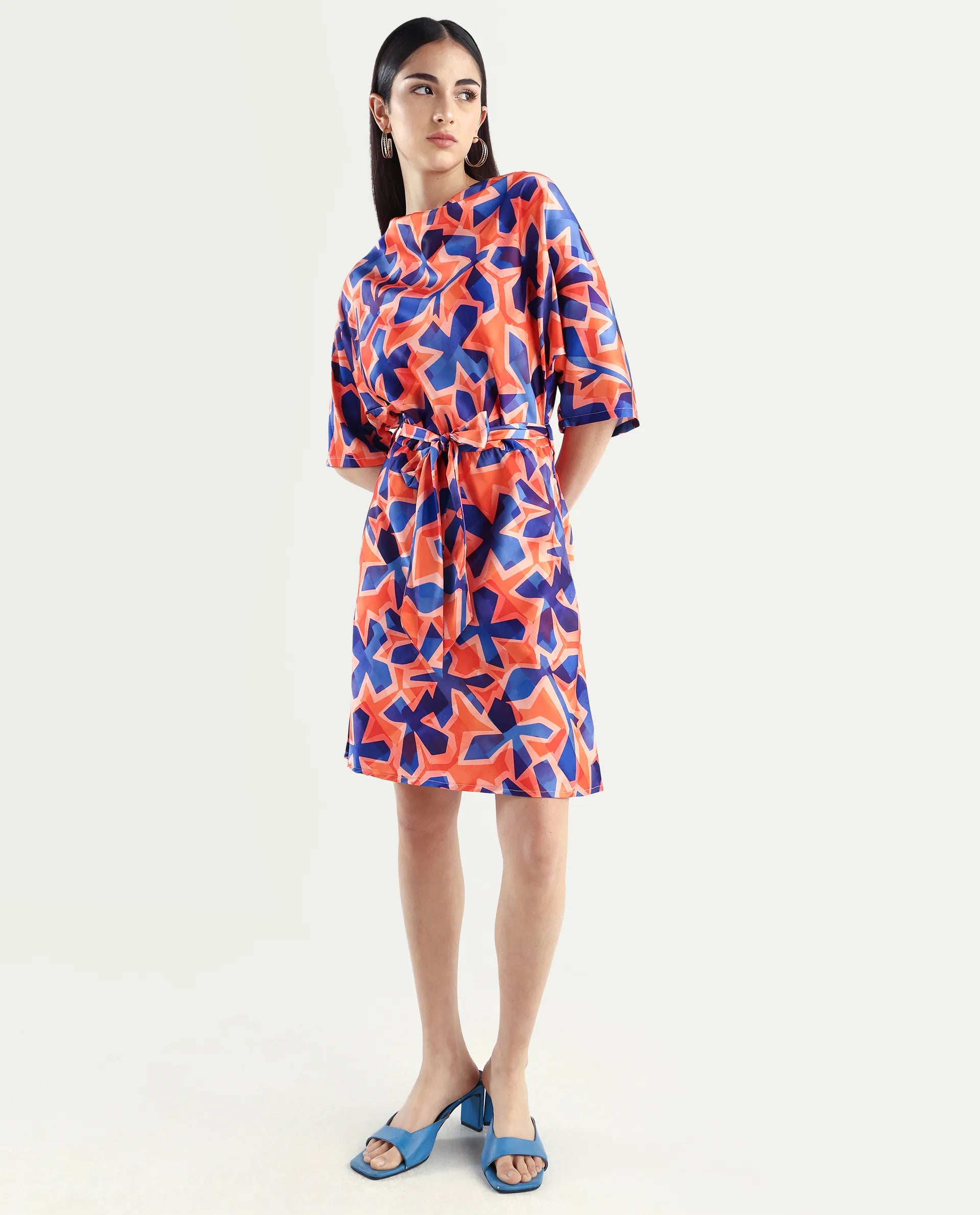 Rareism Women's Cagliari Multi Polyester Cowl Neck Abstract Print Extended Sleeves Mini Regular Fit Dress