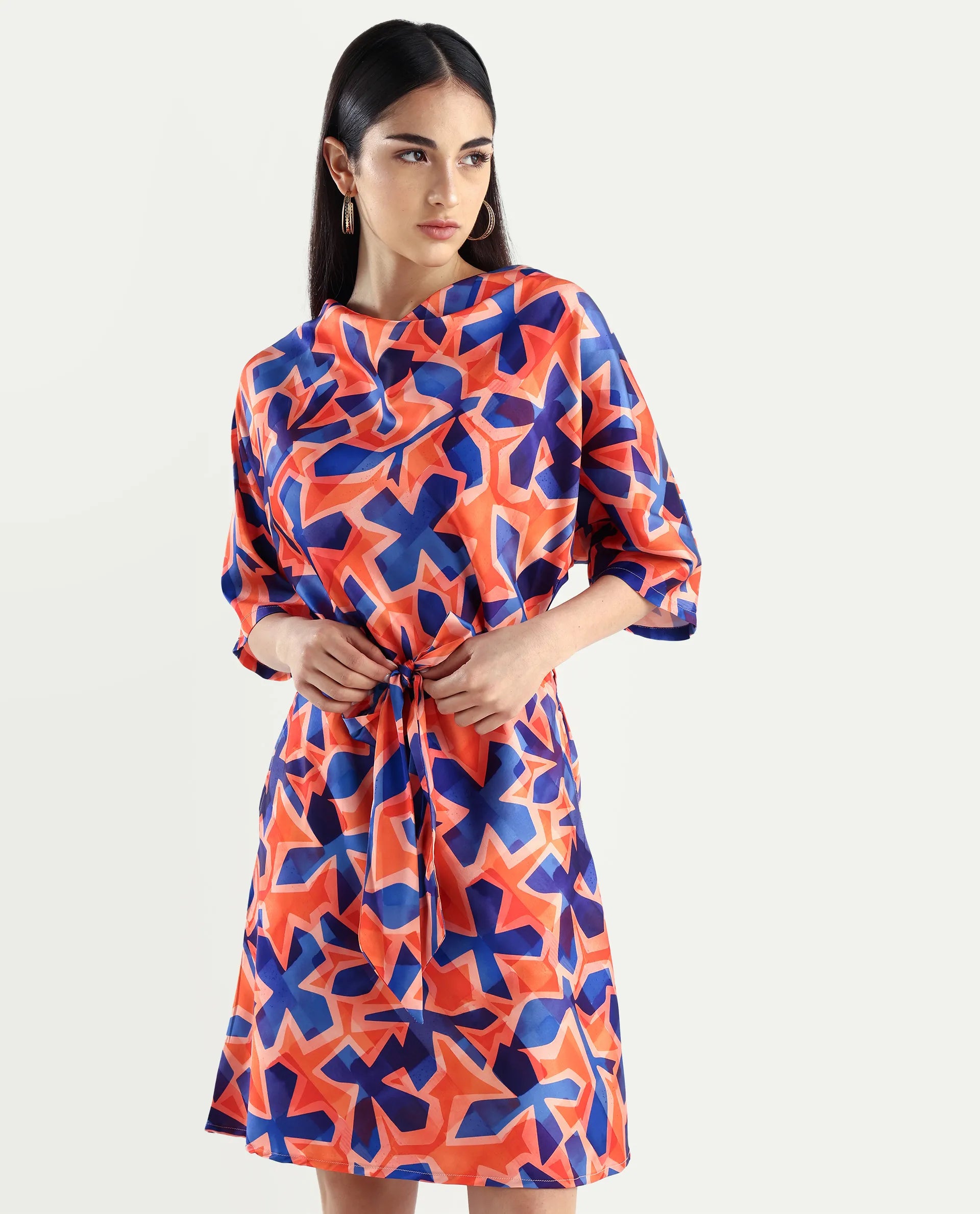 Rareism Women's Cagliari Multi Polyester Cowl Neck Abstract Print Extended Sleeves Mini Regular Fit Dress