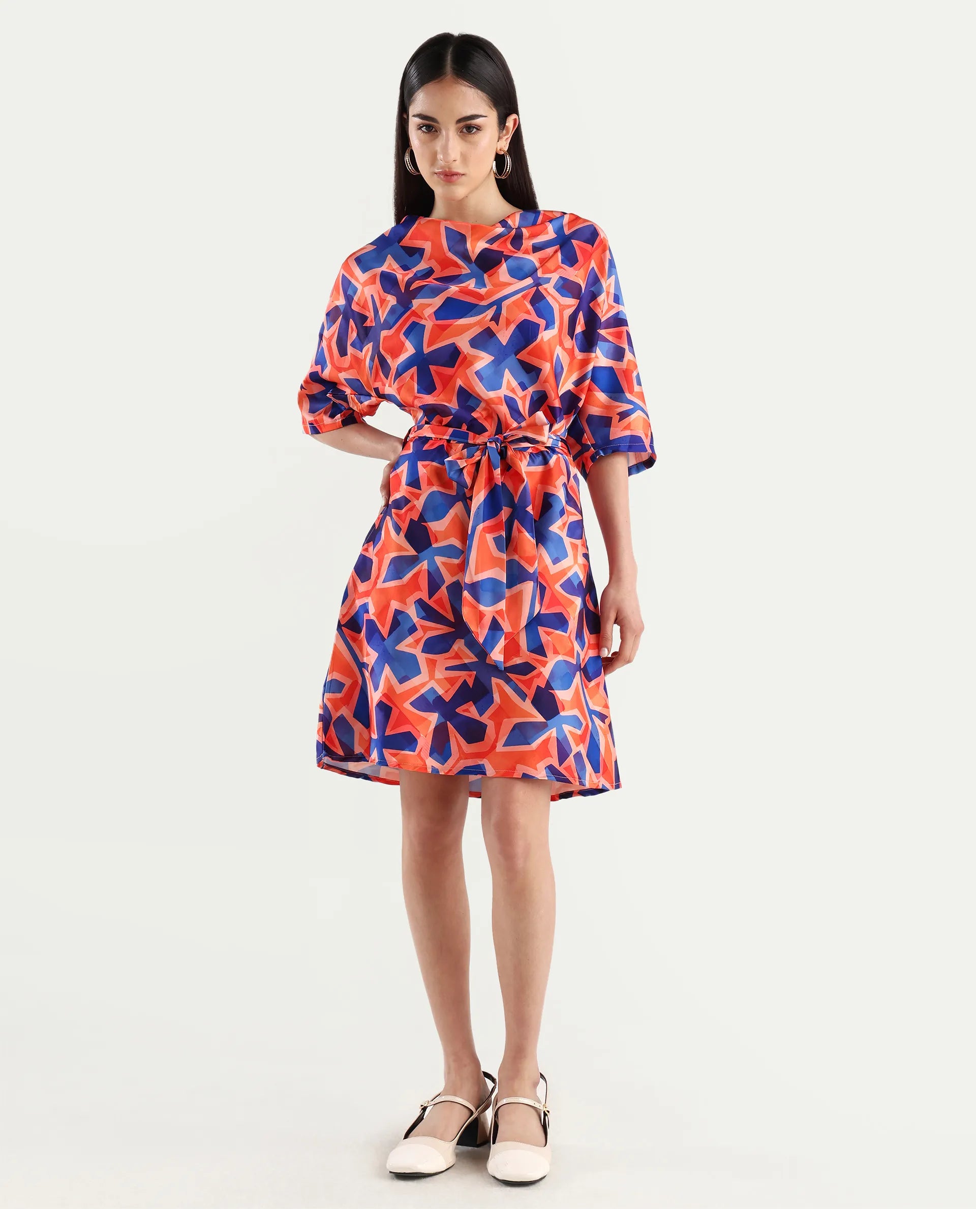 Rareism Women's Cagliari Multi Polyester Cowl Neck Abstract Print Extended Sleeves Mini Regular Fit Dress