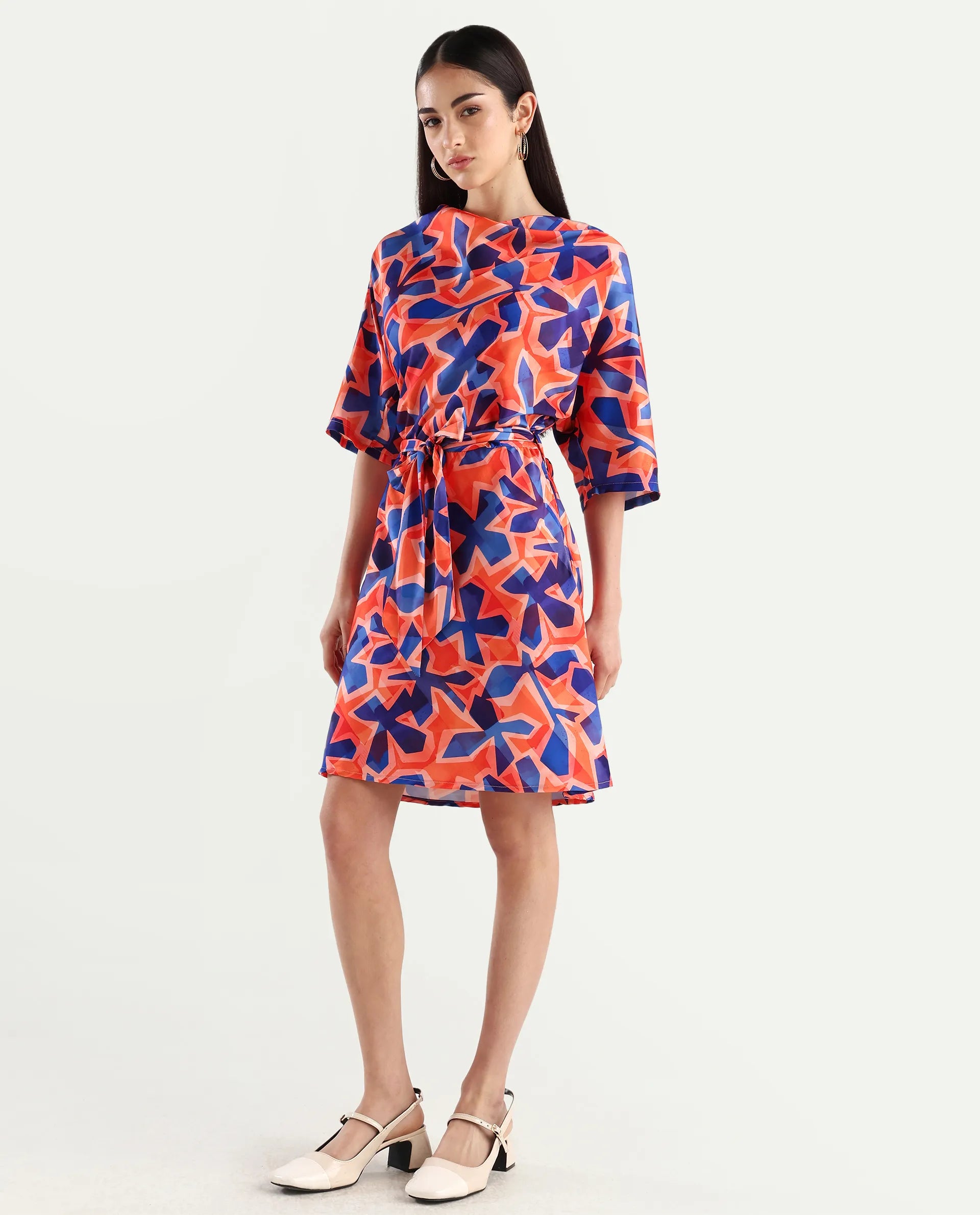 Rareism Women's Cagliari Multi Polyester Cowl Neck Abstract Print Extended Sleeves Mini Regular Fit Dress