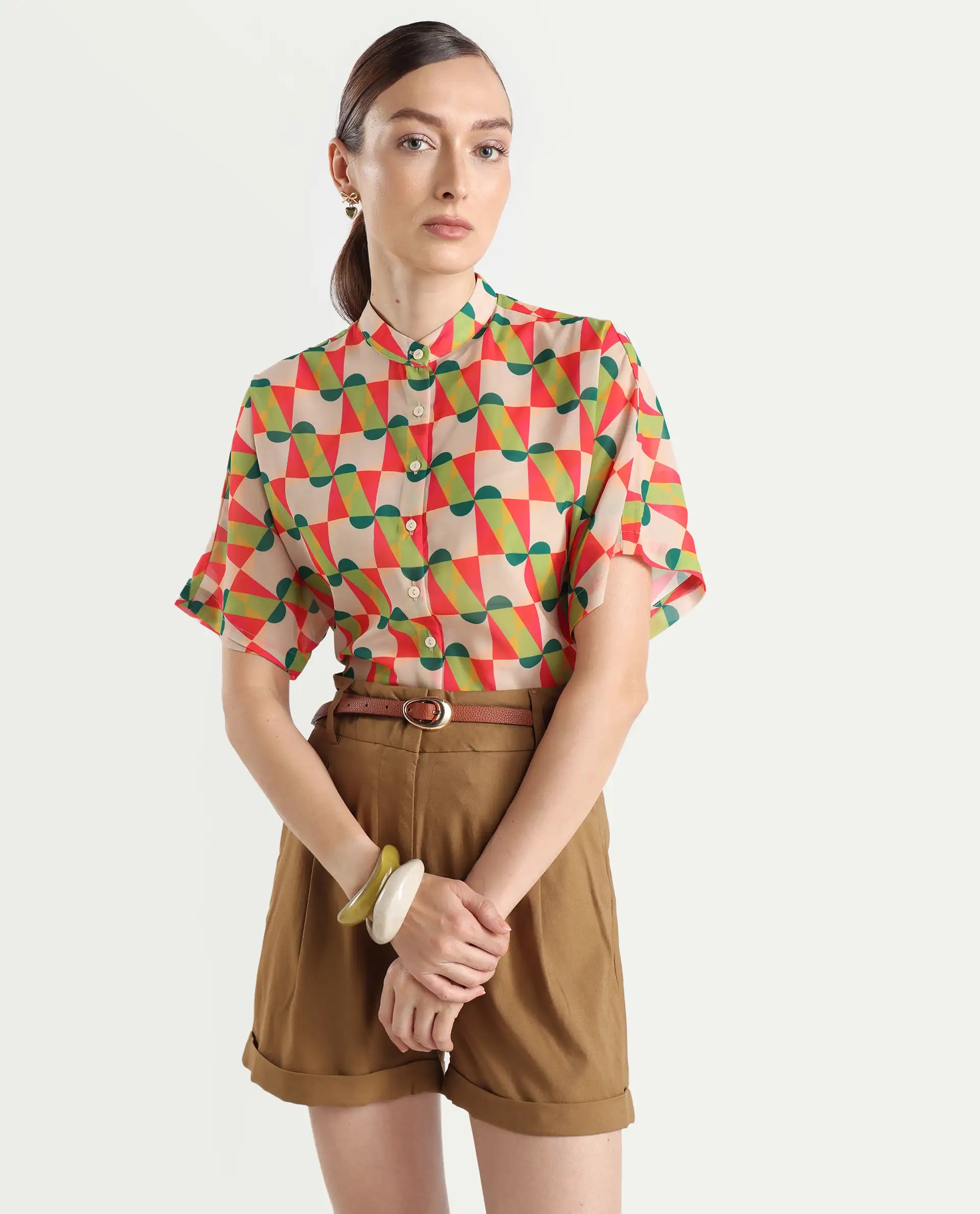 Rareism Women's Cajeme Multi Cotton Blend Collarless Geometric Print Extended Sleeves Relaxed Fit Shrug