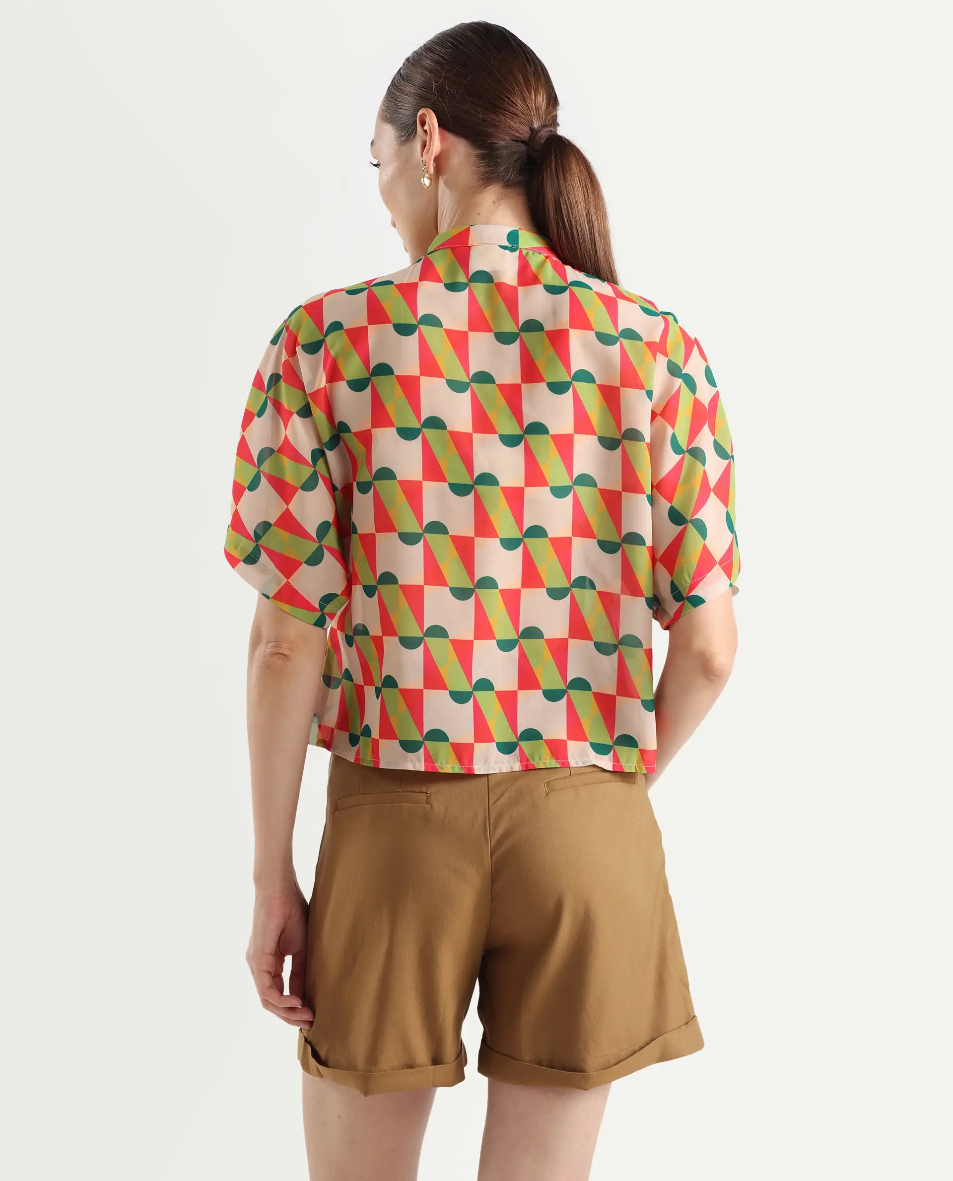 Rareism Women's Cajeme Multi Cotton Blend Collarless Geometric Print Extended Sleeves Relaxed Fit Shrug