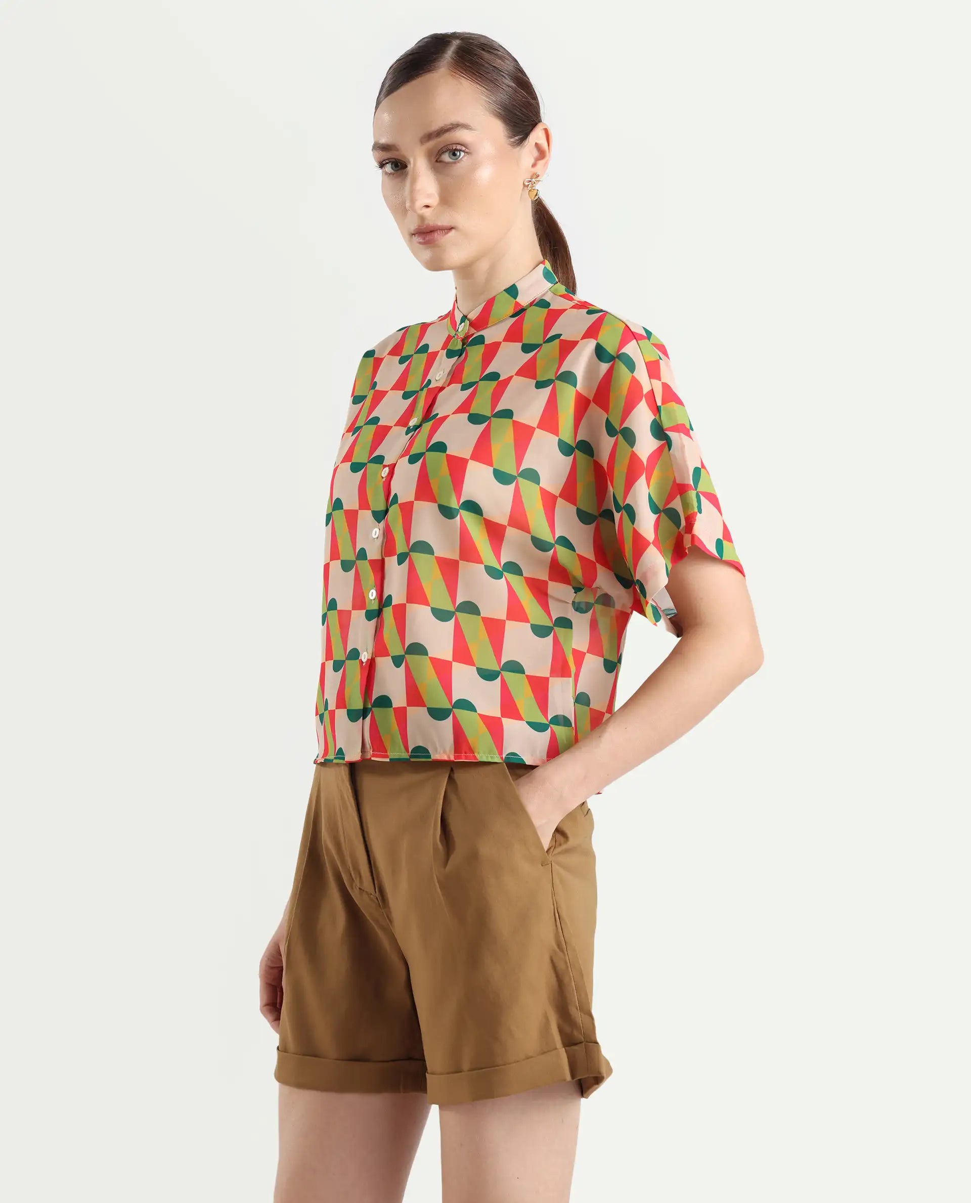 Rareism Women's Cajeme Multi Cotton Blend Collarless Geometric Print Extended Sleeves Relaxed Fit Shrug