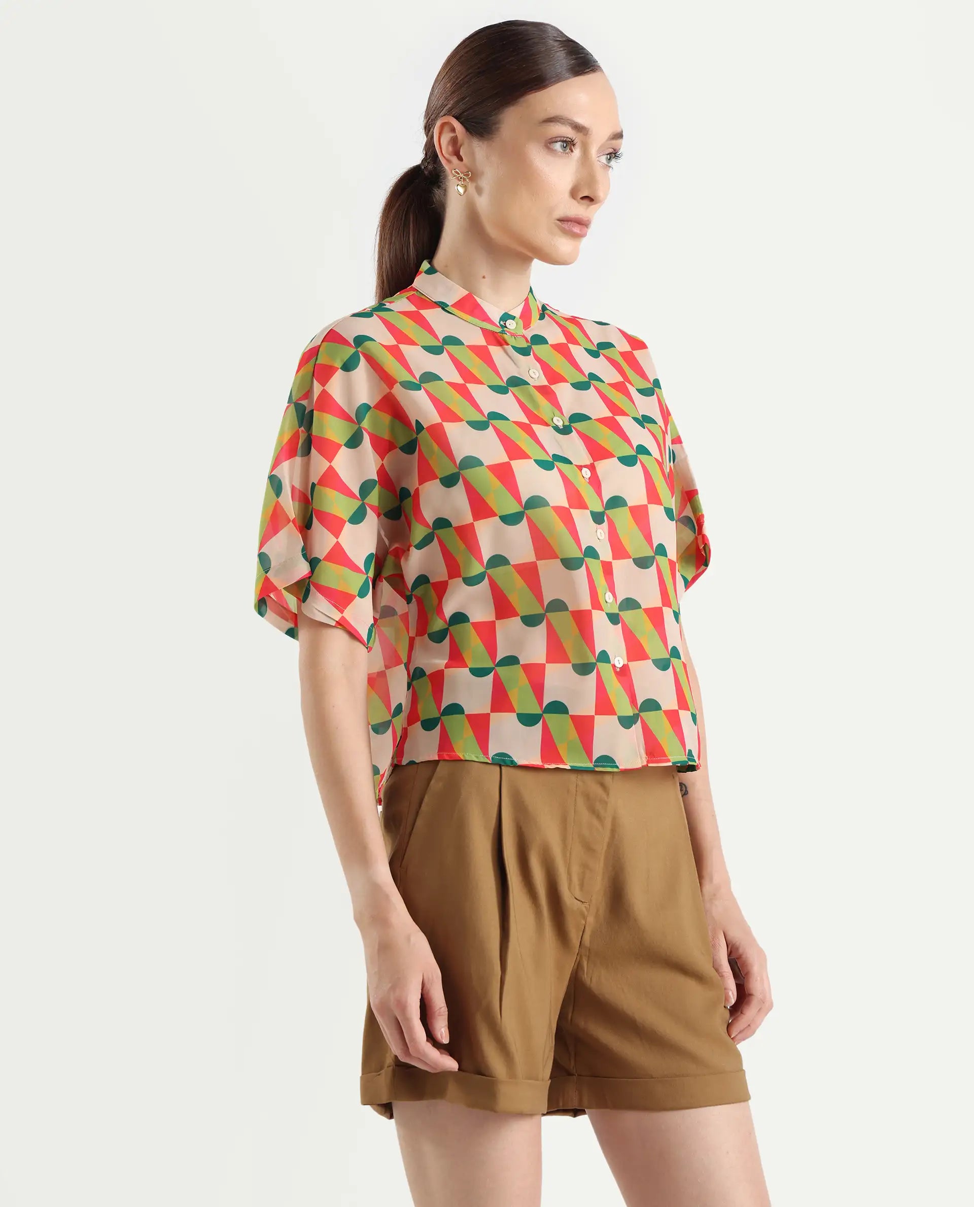 Rareism Women's Cajeme Multi Cotton Blend Collarless Geometric Print Extended Sleeves Relaxed Fit Shrug