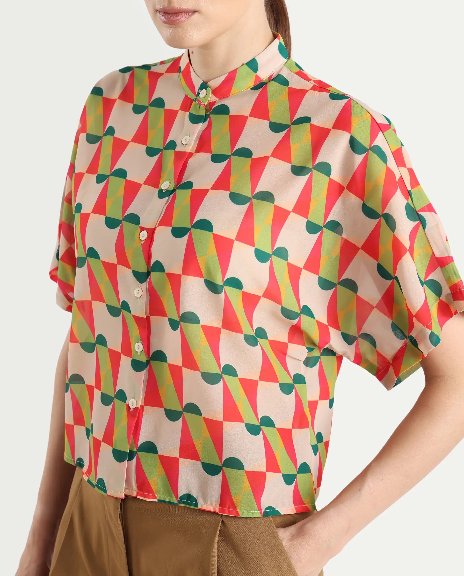 Rareism Women's Cajeme Multi Cotton Blend Collarless Geometric Print Extended Sleeves Relaxed Fit Shrug