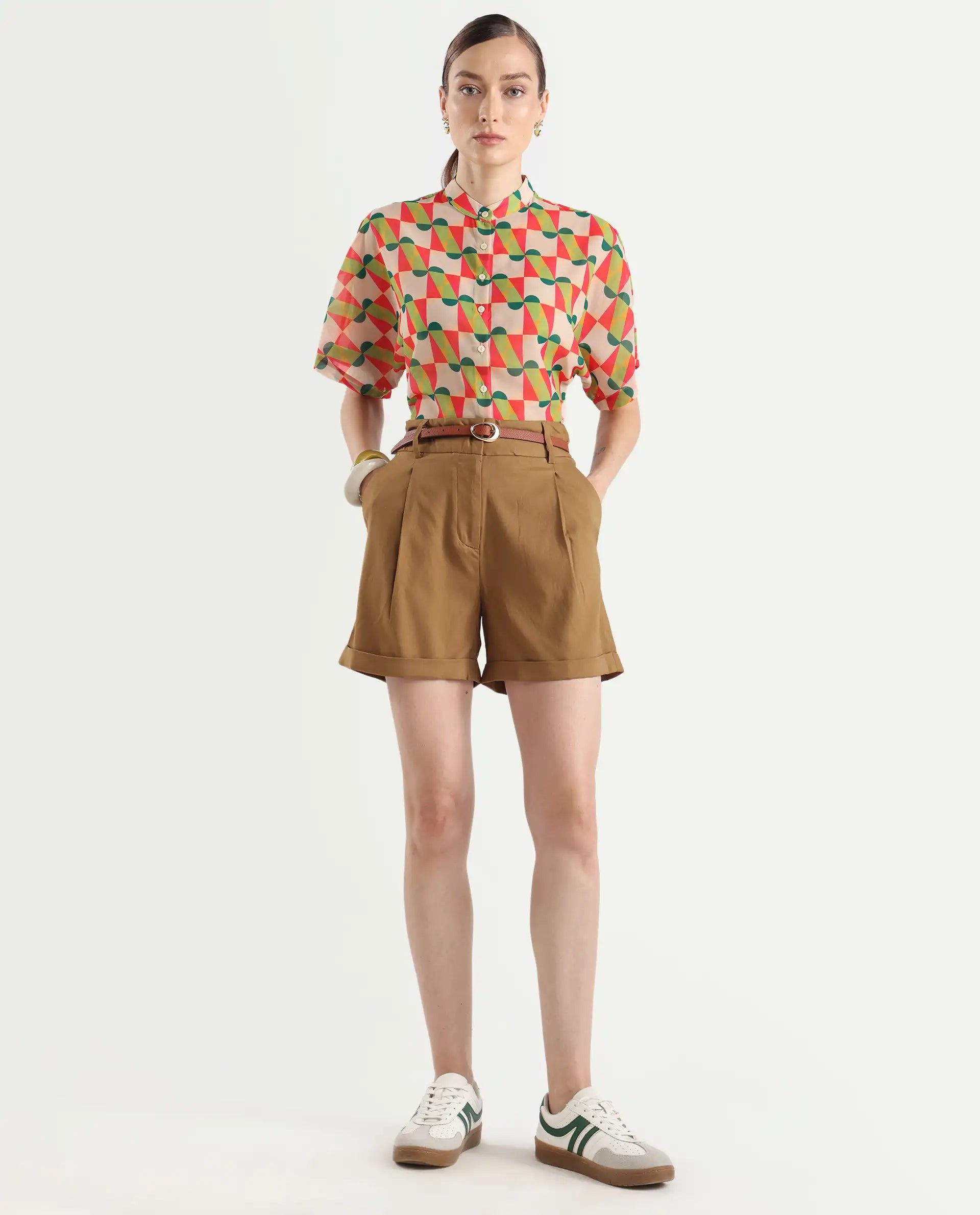 Rareism Women's Cajeme Multi Cotton Blend Collarless Geometric Print Extended Sleeves Relaxed Fit Shrug