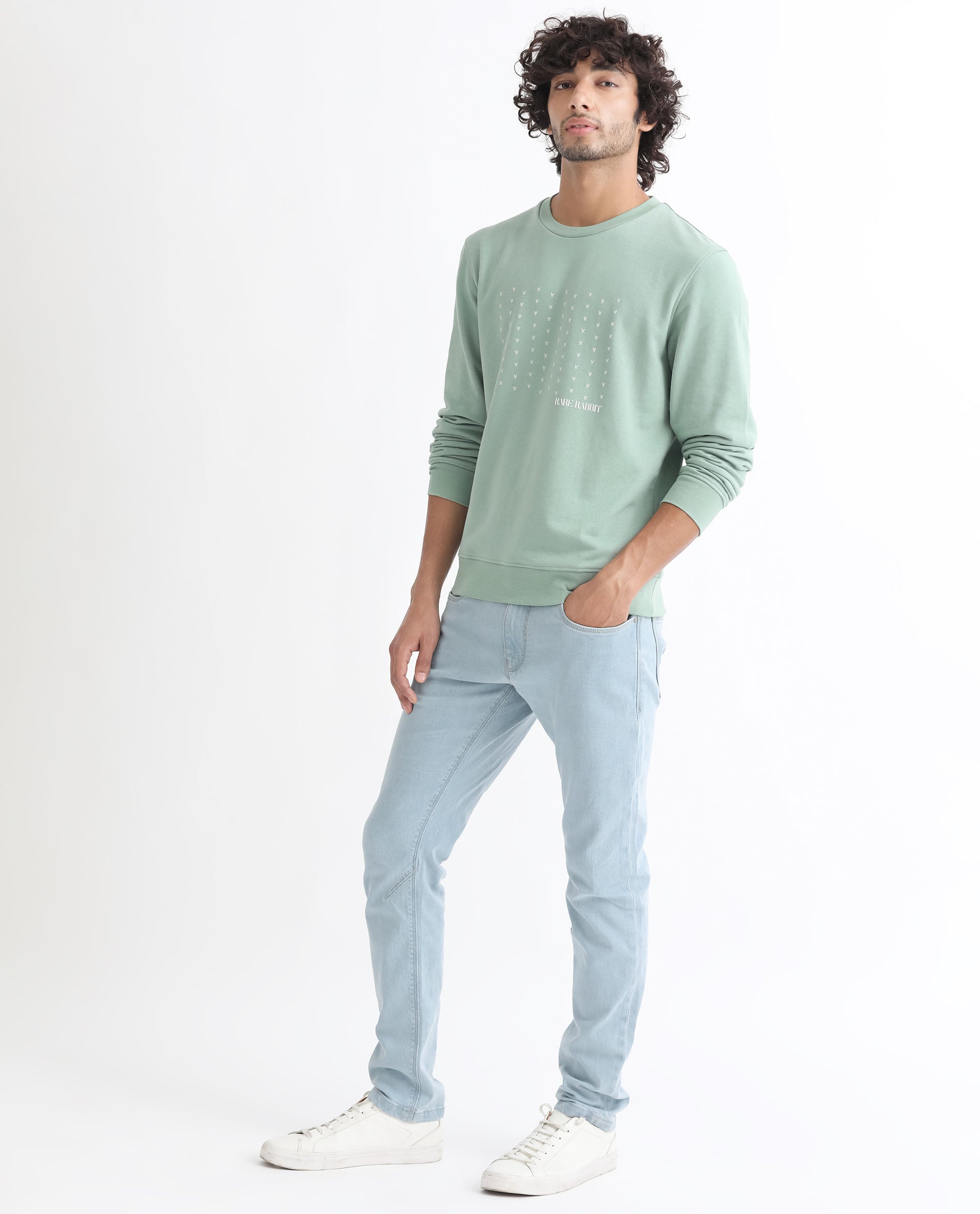 Rare Rabbit Men's Gale Green Cotton Polyester Fabric Full Sleeves Logo Graphic Print Sweatshirt