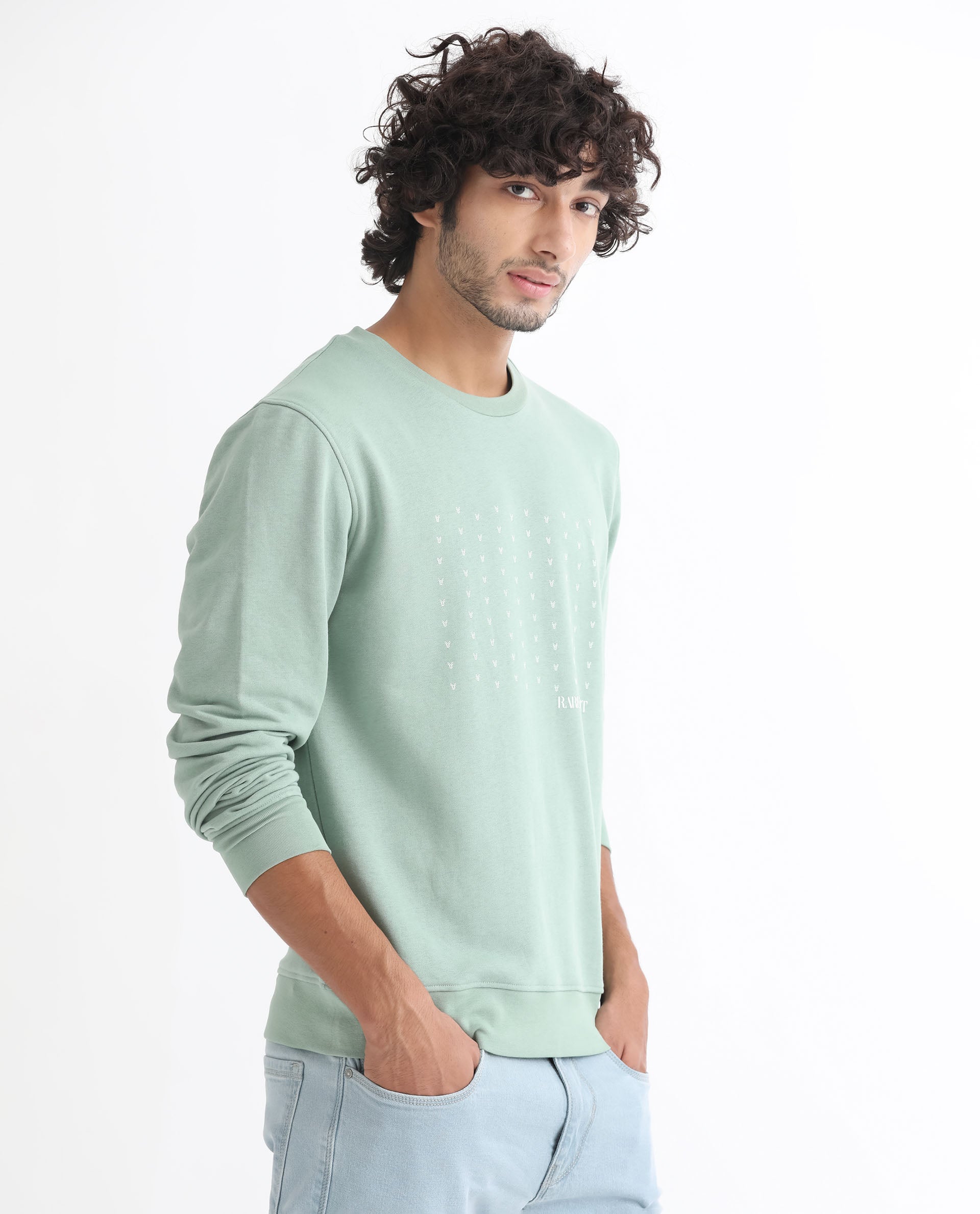Rare Rabbit Men's Gale Green Cotton Polyester Fabric Full Sleeves Logo Graphic Print Sweatshirt