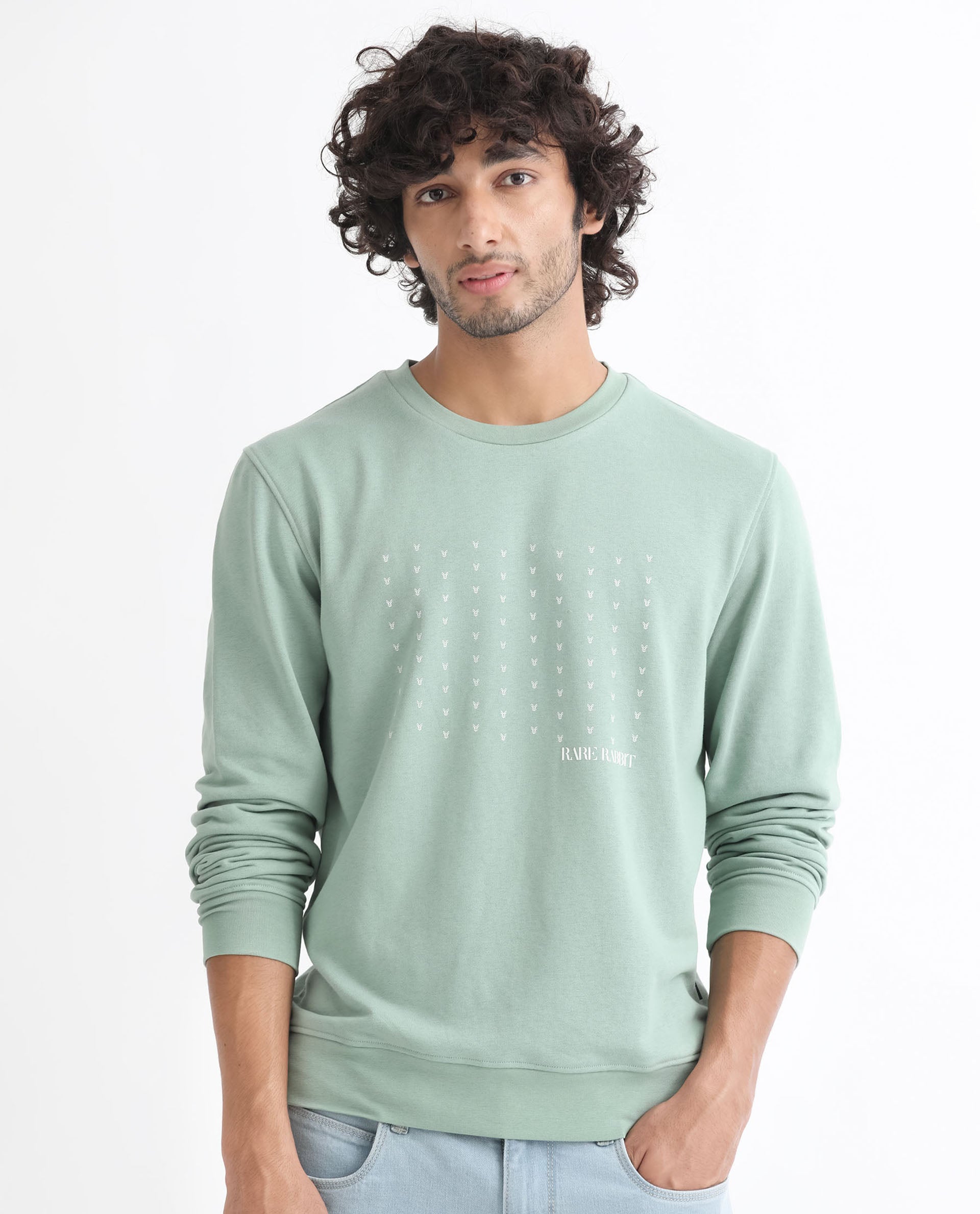 Rare Rabbit Men's Gale Green Cotton Polyester Fabric Full Sleeves Logo Graphic Print Sweatshirt