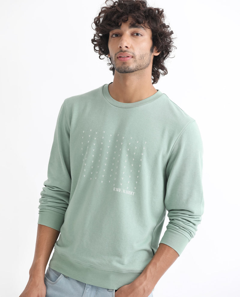 Rare Rabbit Men's Gale Green Cotton Polyester Fabric Full Sleeves Logo Graphic Print Sweatshirt