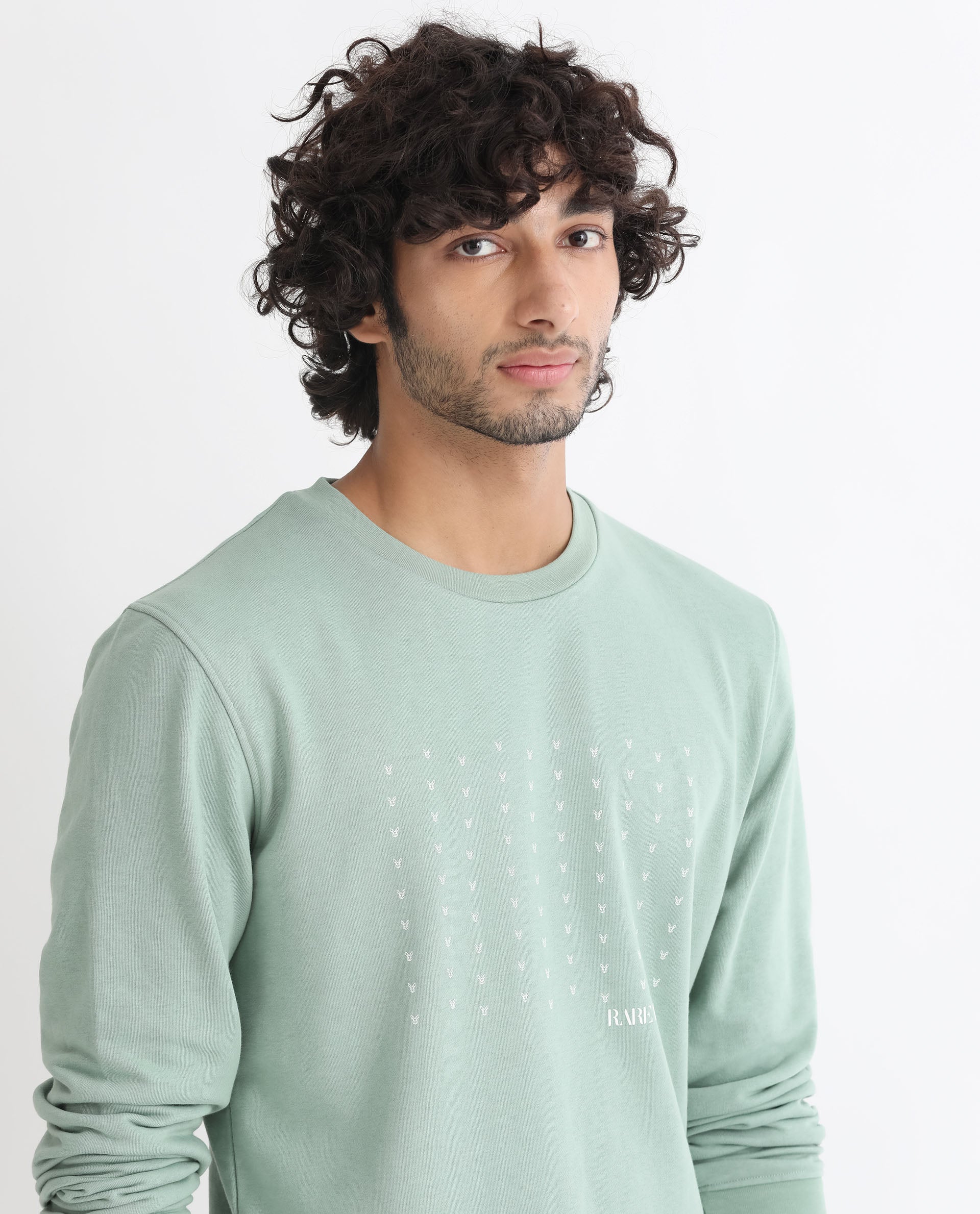 Rare Rabbit Men's Gale Green Cotton Polyester Fabric Full Sleeves Logo Graphic Print Sweatshirt