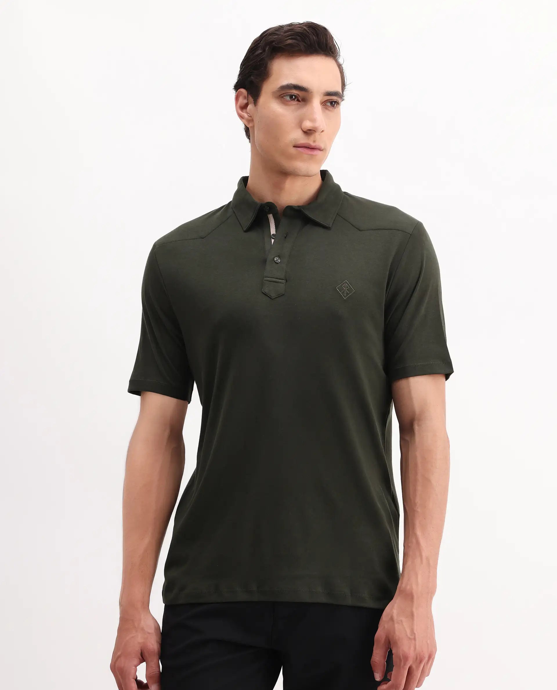 Rare Rabbit Men's Calix Olive Cotton Embroidered Regular Fit Half Sleeve Polo