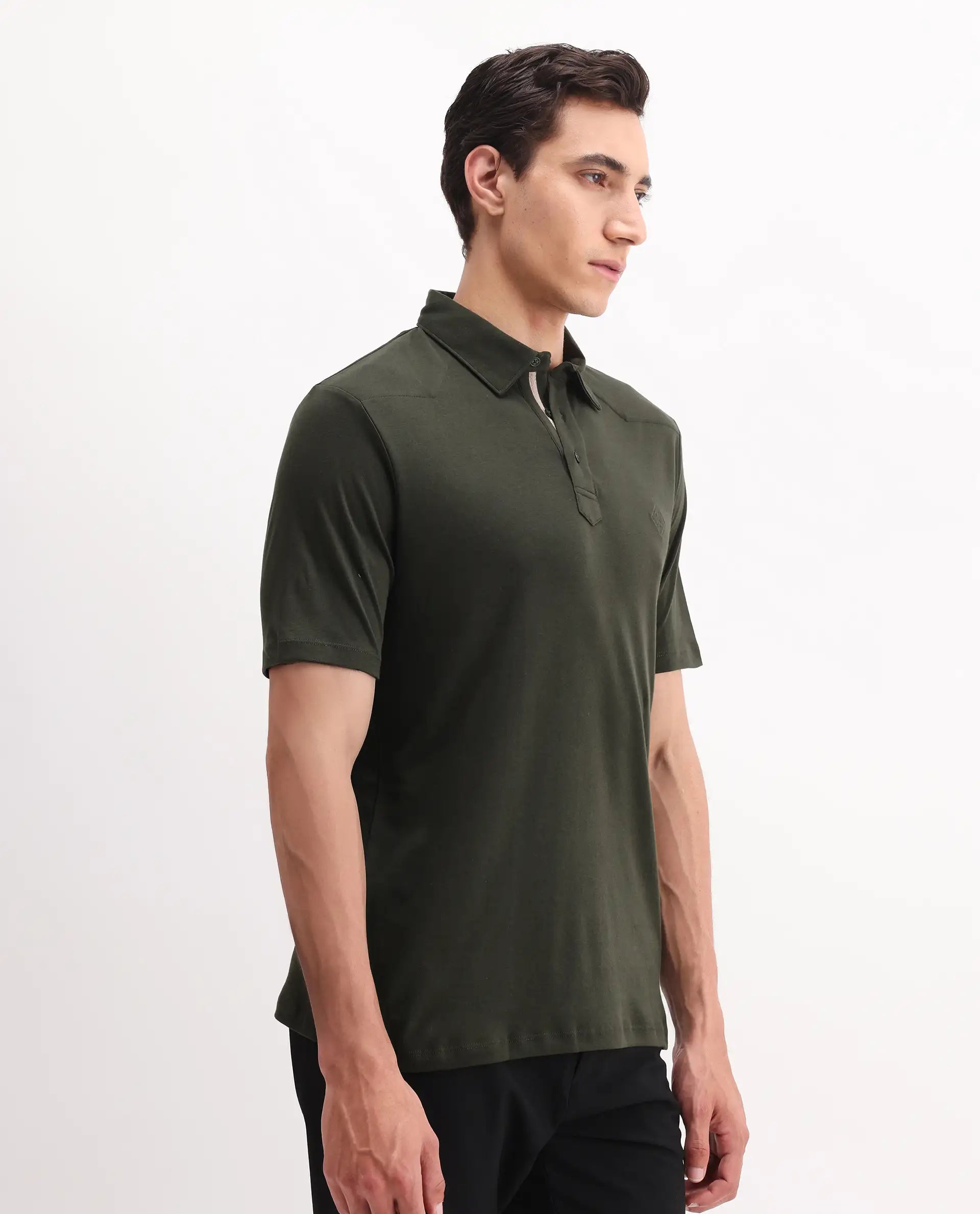 Rare Rabbit Men's Calix Olive Cotton Embroidered Regular Fit Half Sleeve Polo
