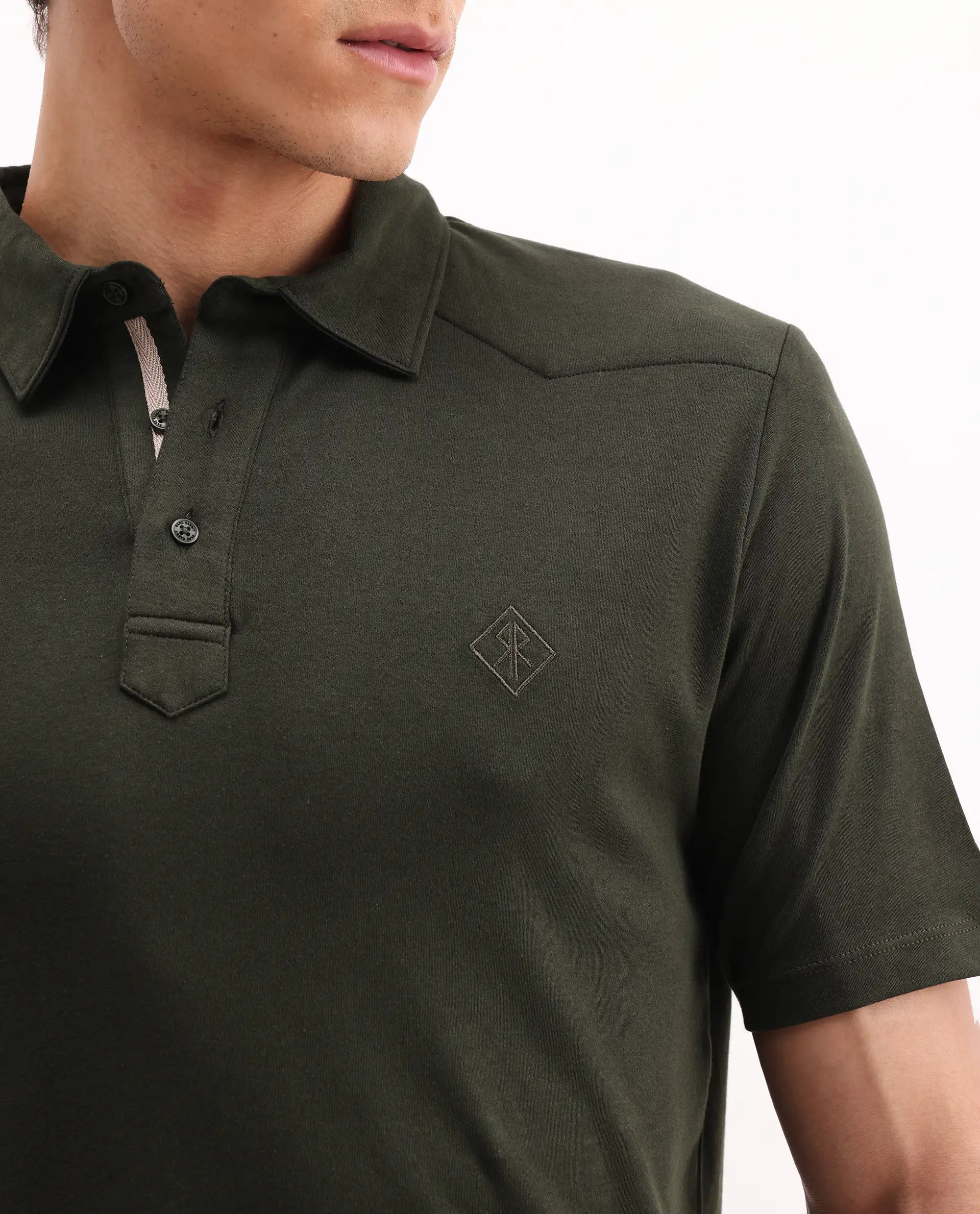 Rare Rabbit Men's Calix Olive Cotton Embroidered Regular Fit Half Sleeve Polo